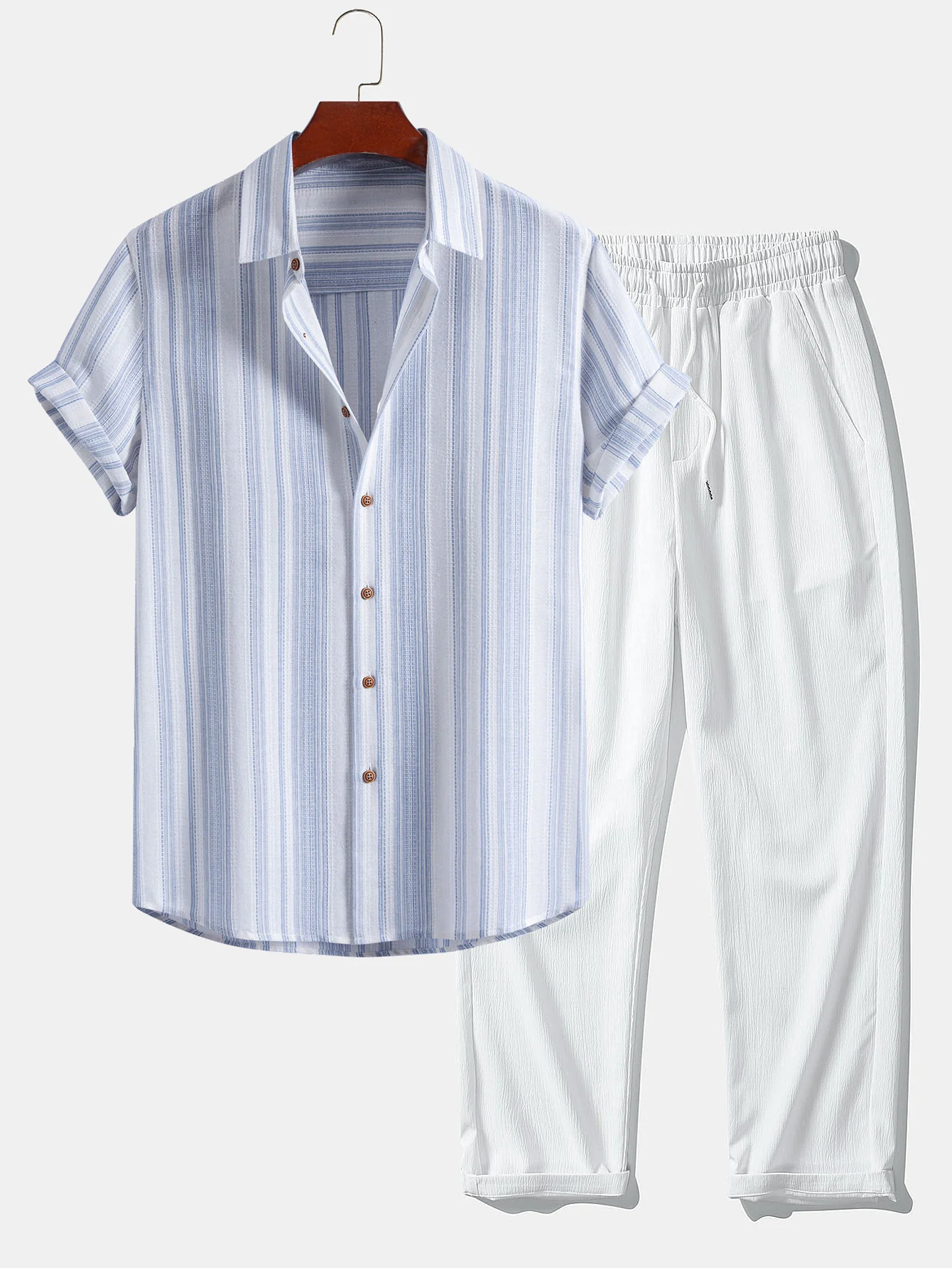 Stripe Linen Look Button Up Shirt & Crinkle Textured Straight Leg Pants - Image 3