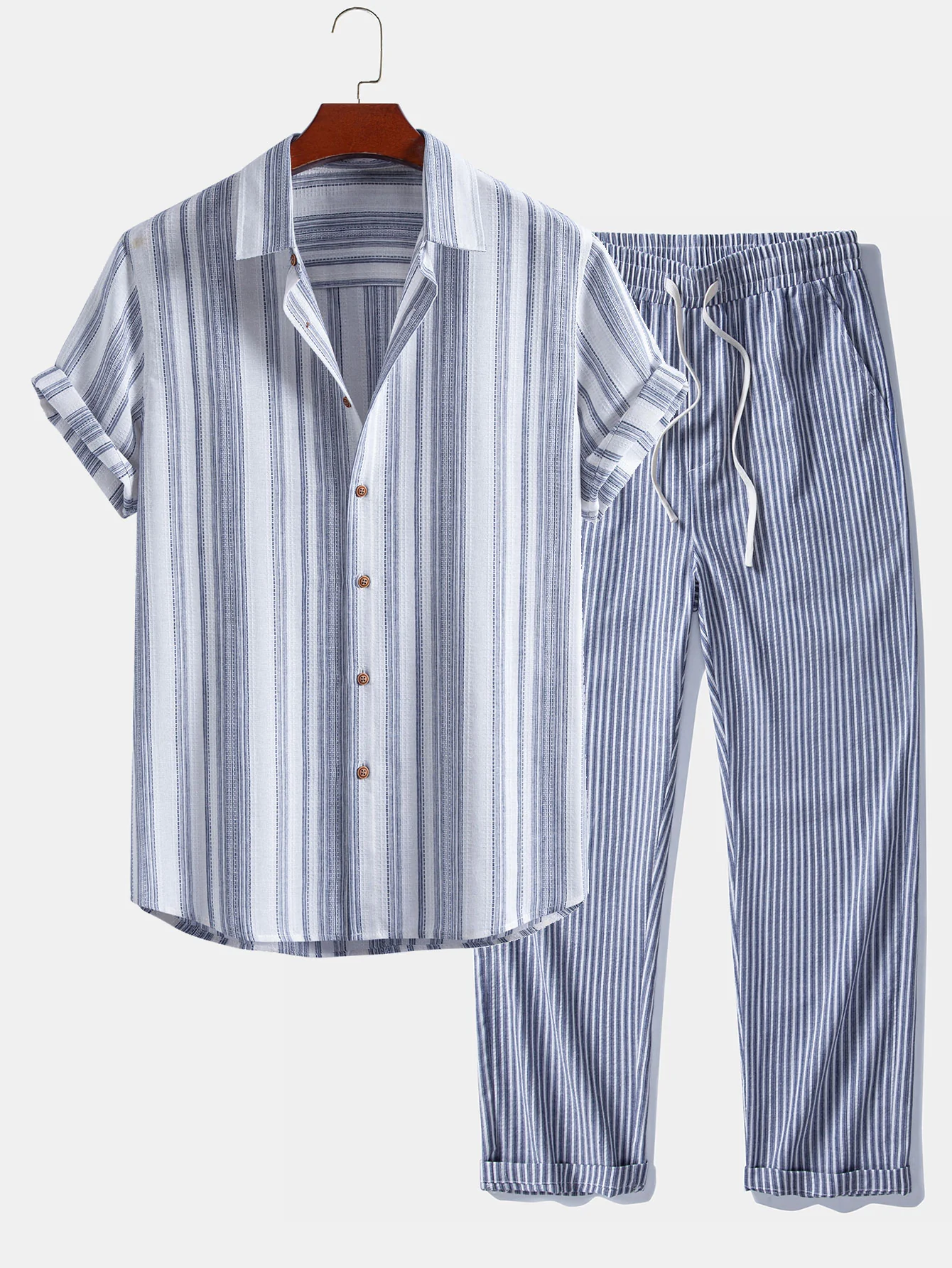 Stripe Linen Look Button Up Shirt & Linen Look Stripe Straight Leg Pants
