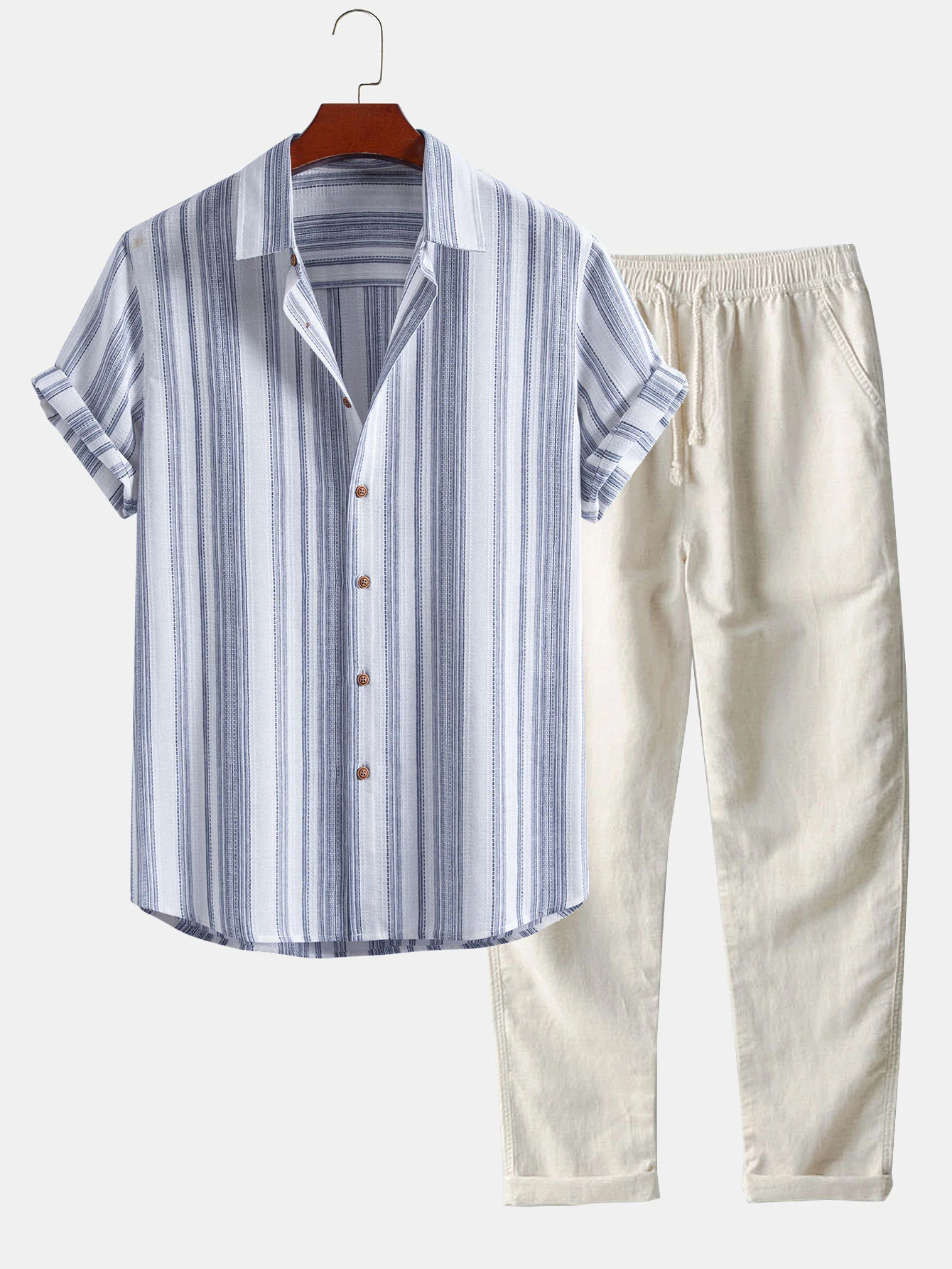 Stripe Linen Look Button Up Shirt & Straight Leg Linen Pants - Image 2