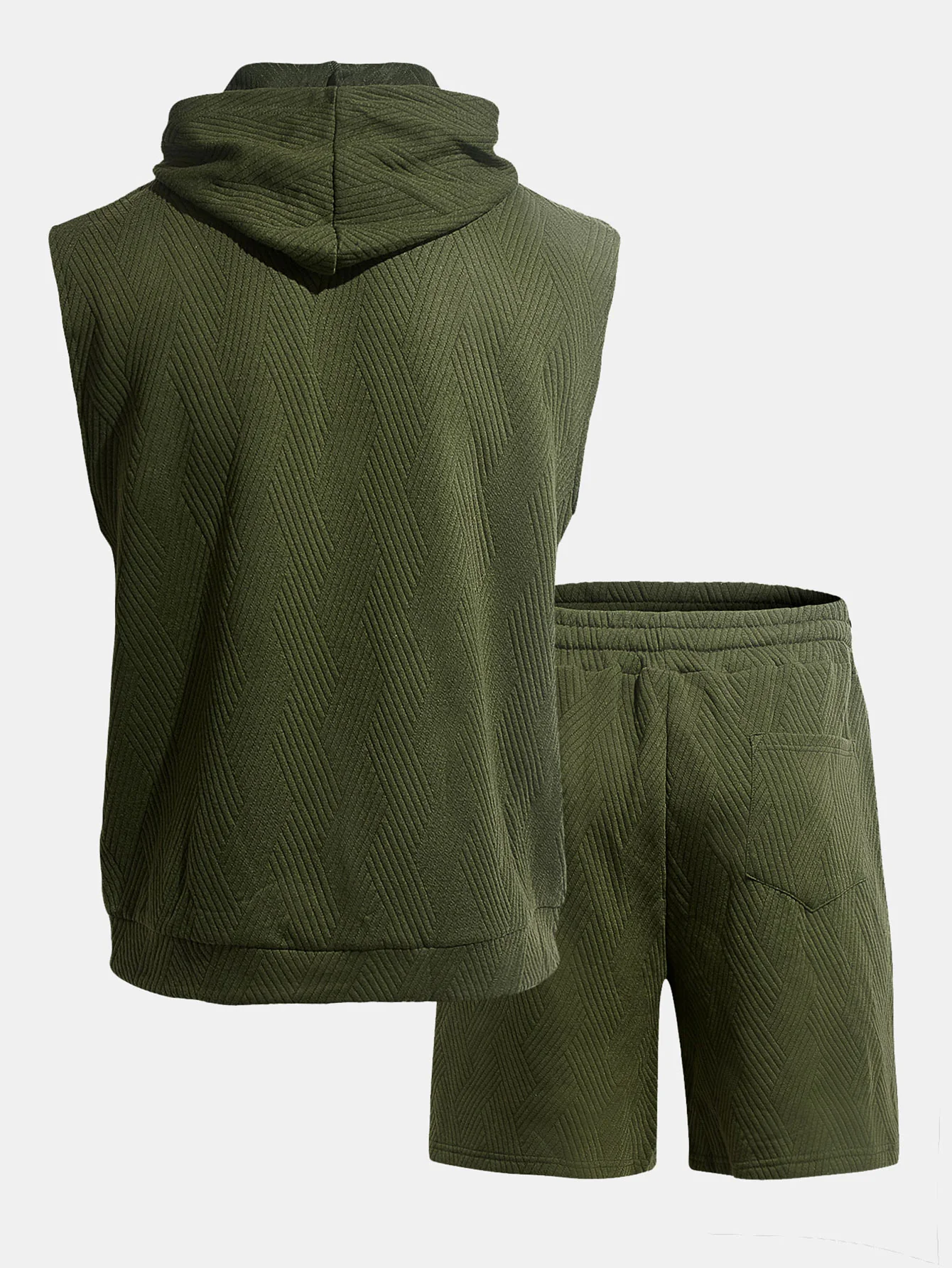 Stripe Textured Sleeveless Hooded T-Shirt & Drawstring Shorts Set - Image 10