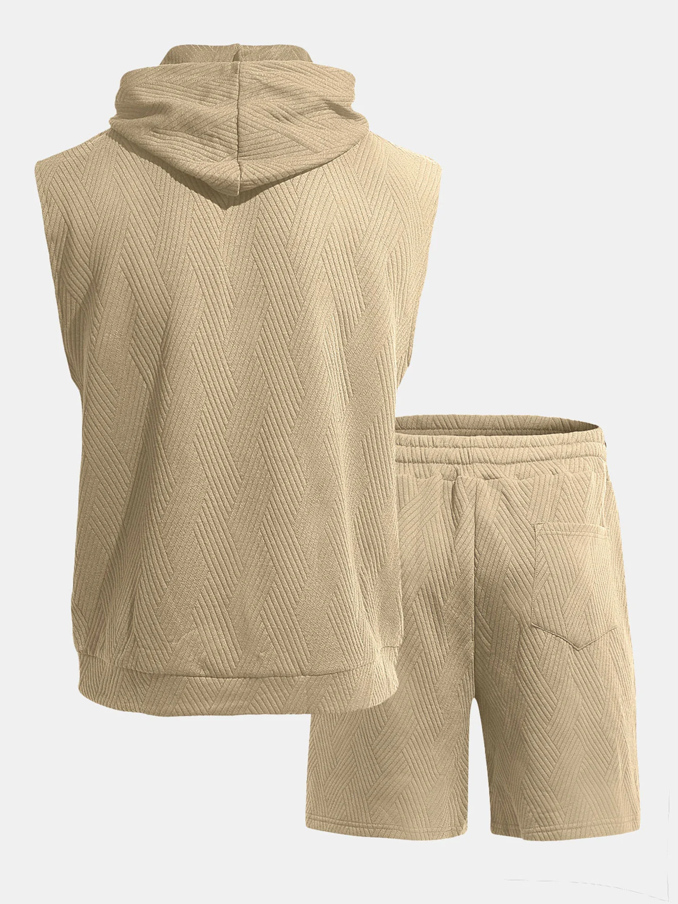 Stripe Textured Sleeveless Hooded T-Shirt & Drawstring Shorts Set - Image 2