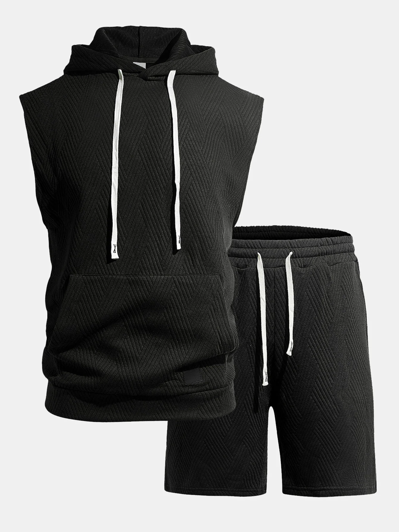 Stripe Textured Sleeveless Hooded T-Shirt & Drawstring Shorts Set - Image 3