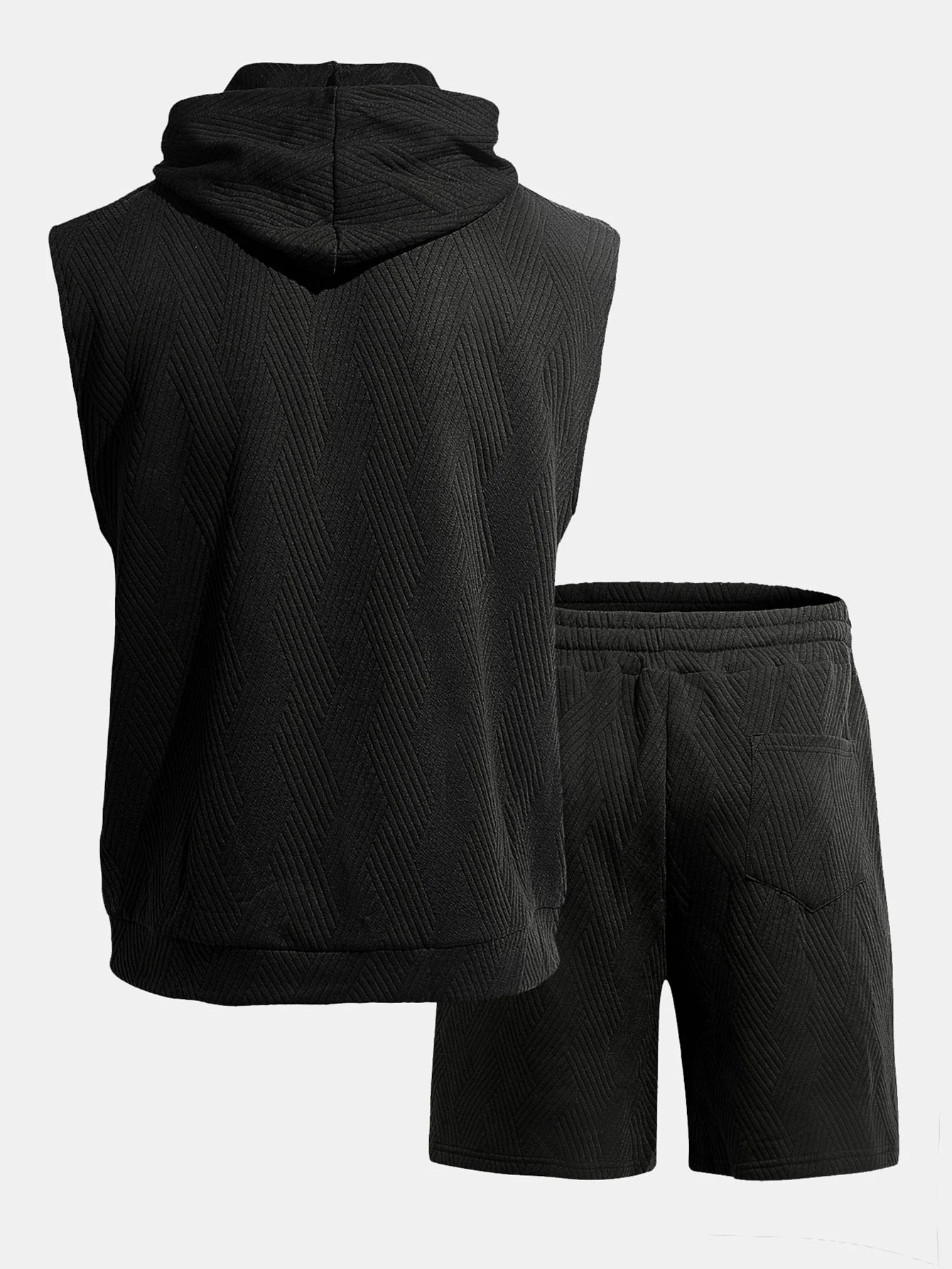 Stripe Textured Sleeveless Hooded T-Shirt & Drawstring Shorts Set - Image 4