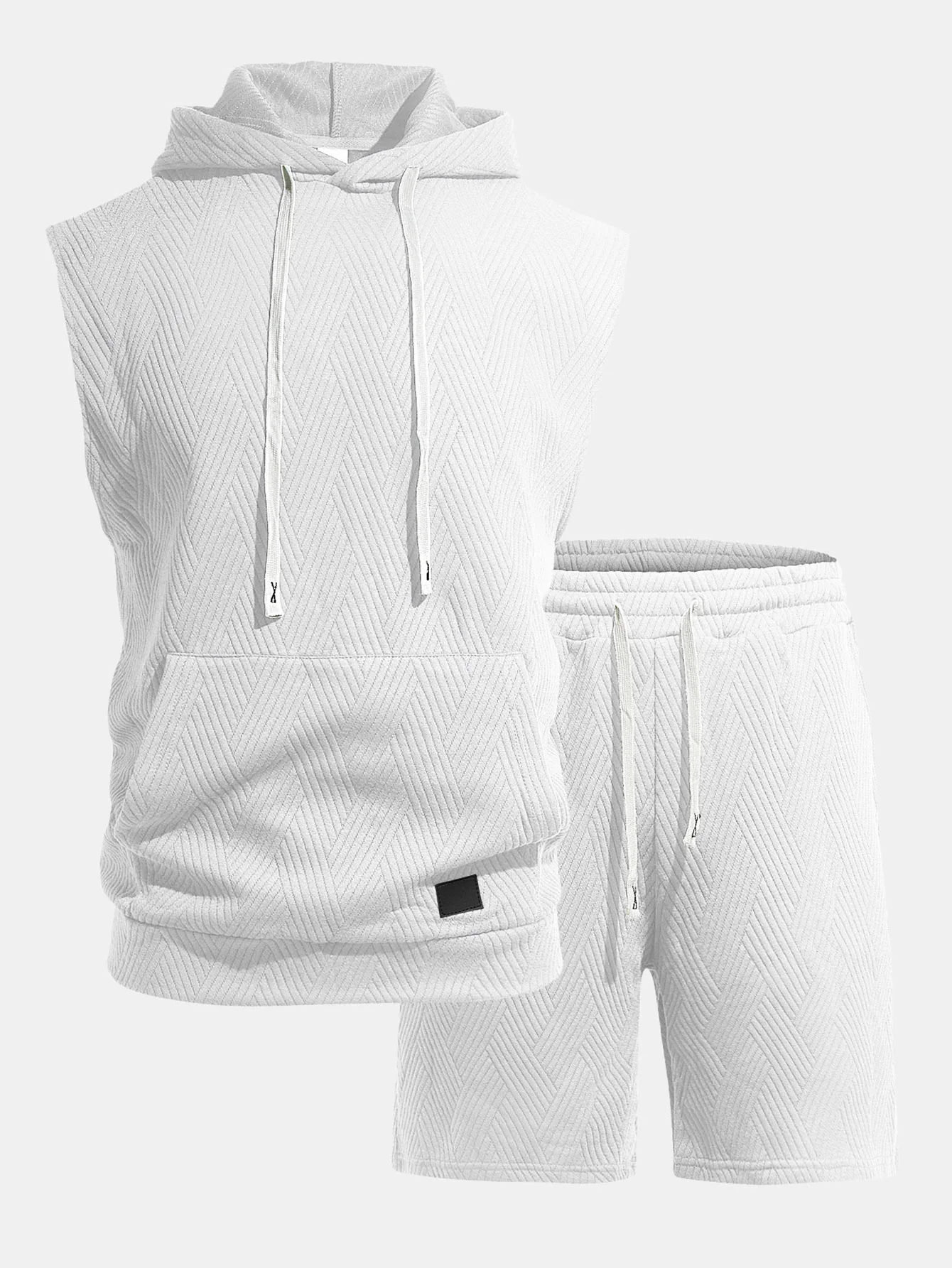 Stripe Textured Sleeveless Hooded T-Shirt & Drawstring Shorts Set - Image 5