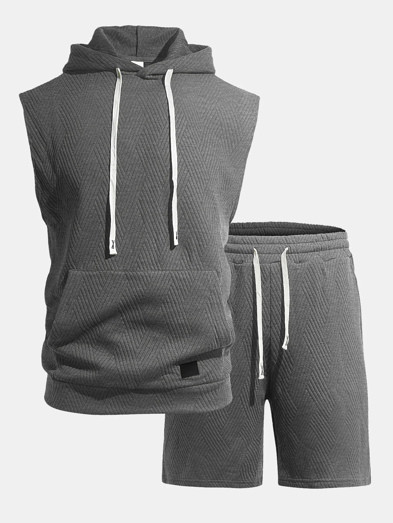 Stripe Textured Sleeveless Hooded T-Shirt & Drawstring Shorts Set - Image 7