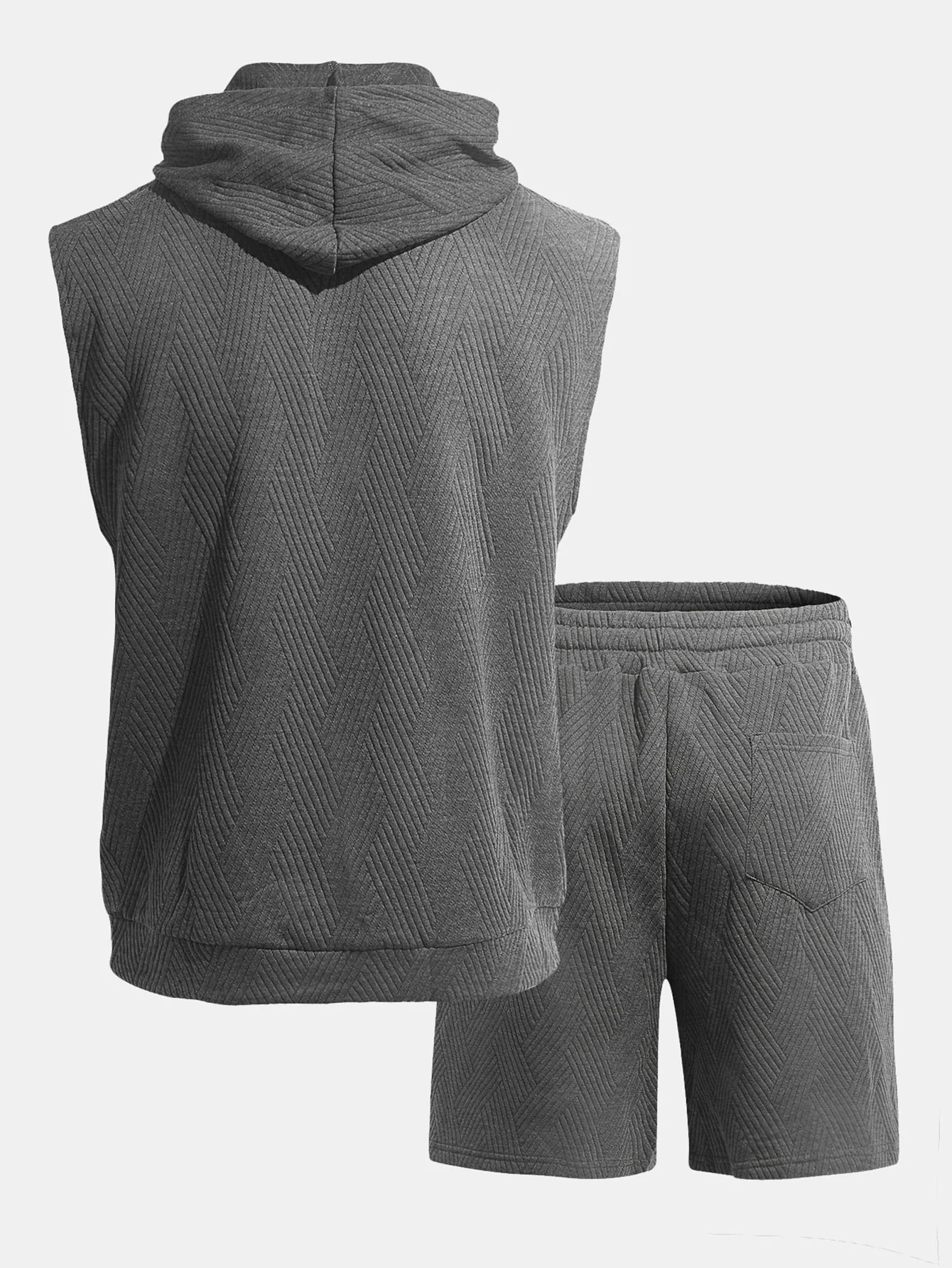 Stripe Textured Sleeveless Hooded T-Shirt & Drawstring Shorts Set - Image 8