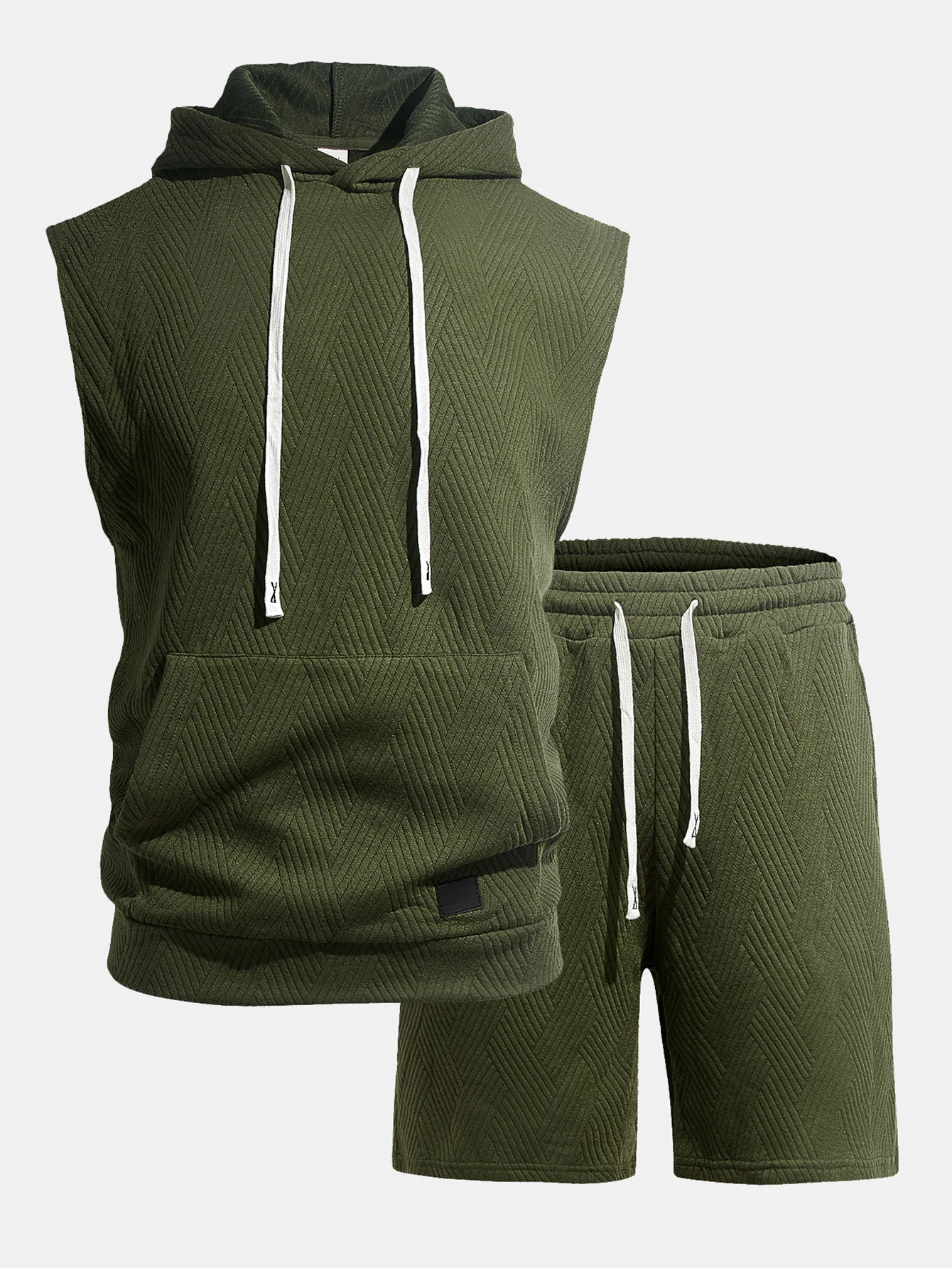 Stripe Textured Sleeveless Hooded T-Shirt & Drawstring Shorts Set - Image 9