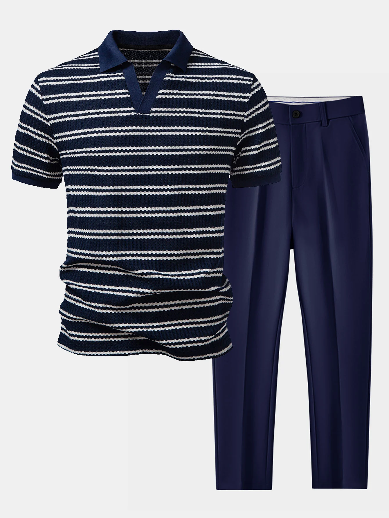 Stripe Waffle Johnny Collar Polo & Slim Fit Tapered Trousers - Image 2