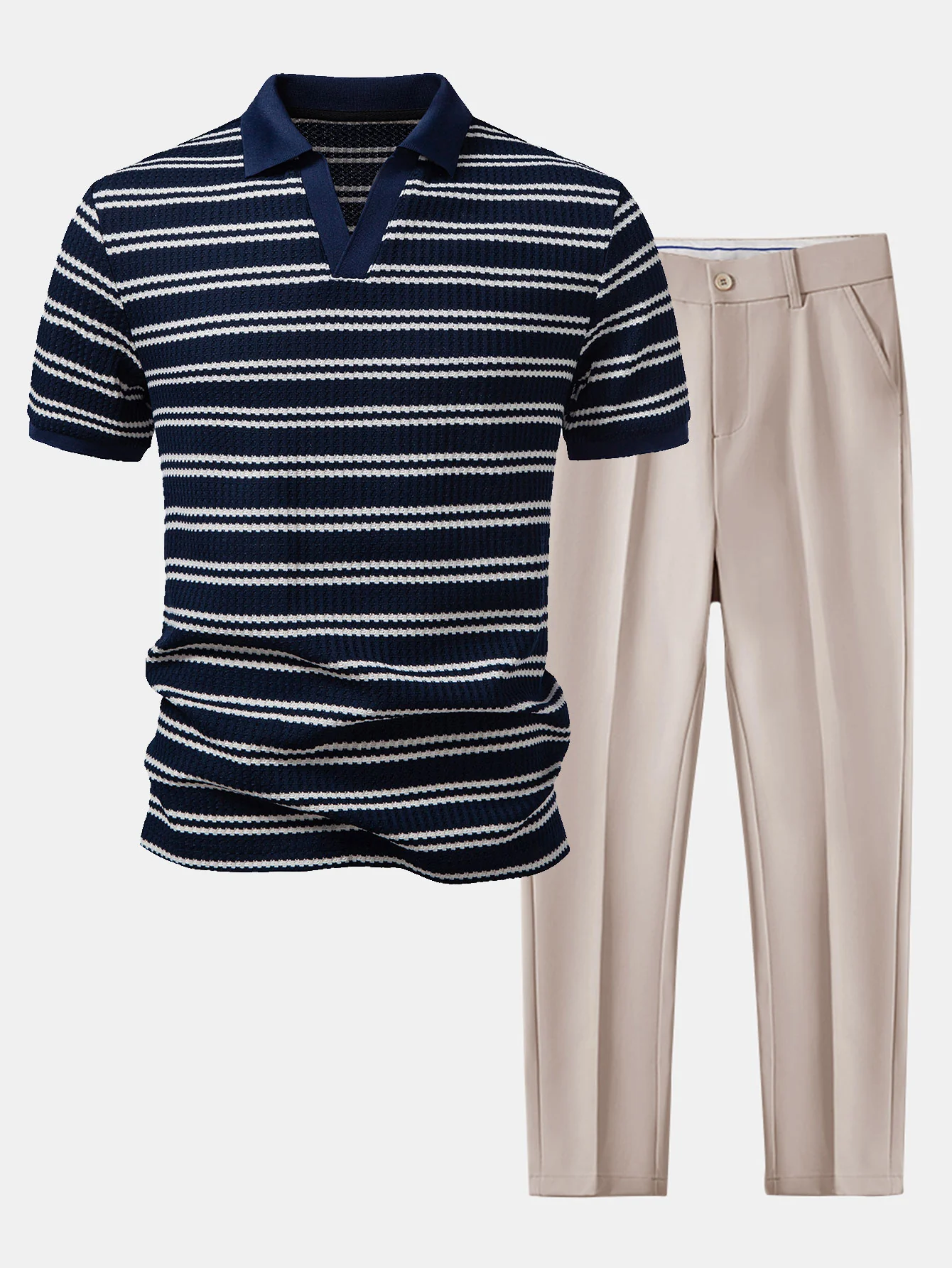 Stripe Waffle Johnny Collar Polo & Slim Fit Tapered Trousers - Image 3