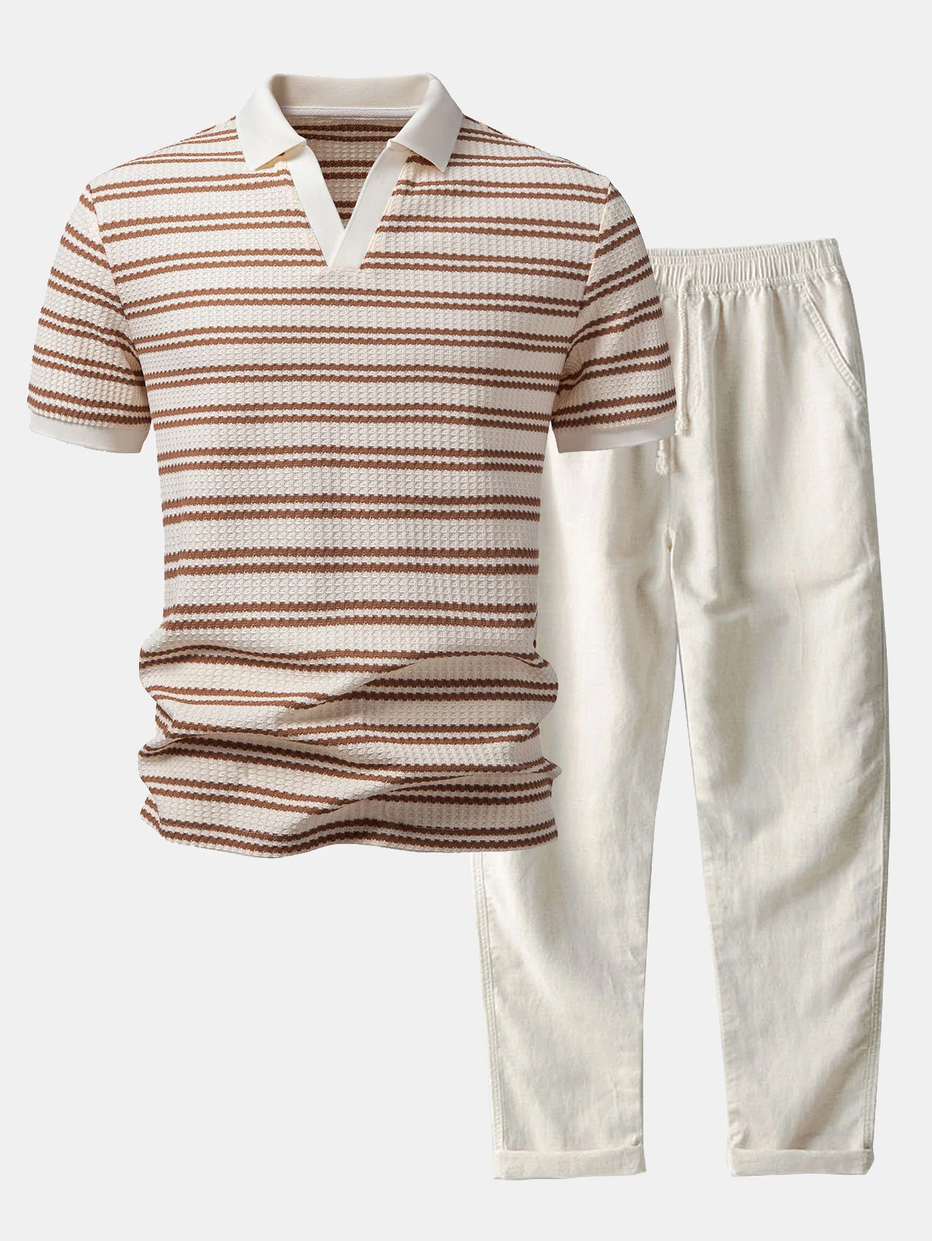 Stripe Waffle Johnny Collar Polo & Straight Leg Linen Pants - Image 2