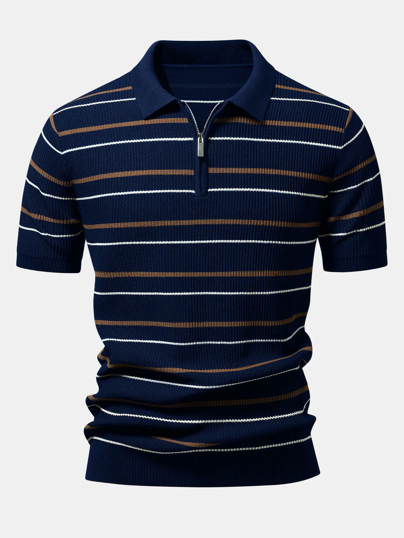 Stripe Waffle Zipper Knit Polo - Image 3