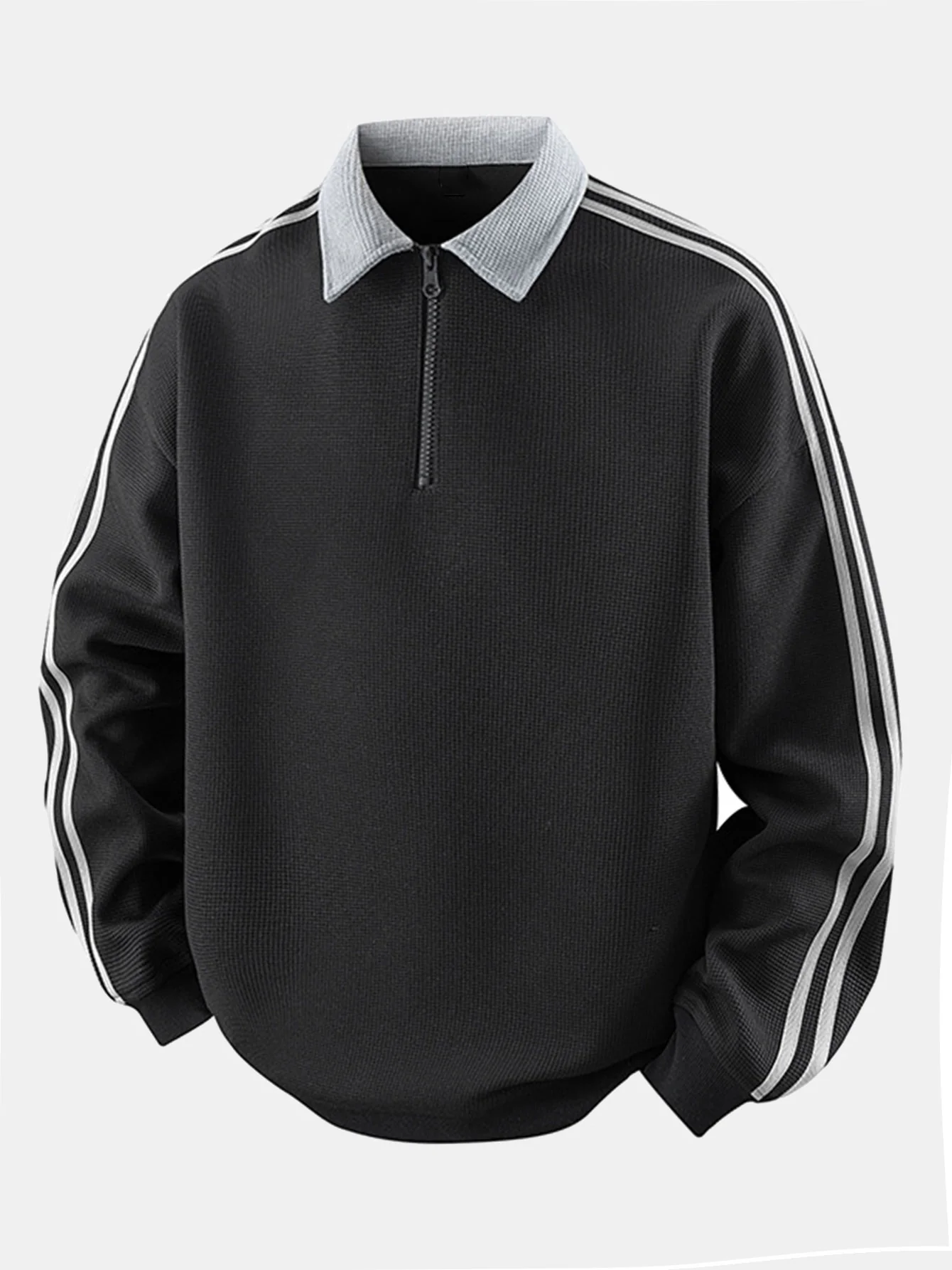 Gestreiftes Waffel-Reißverschluss-Poloshirts mit Rollkragen-Sweatshirt - Image 3
