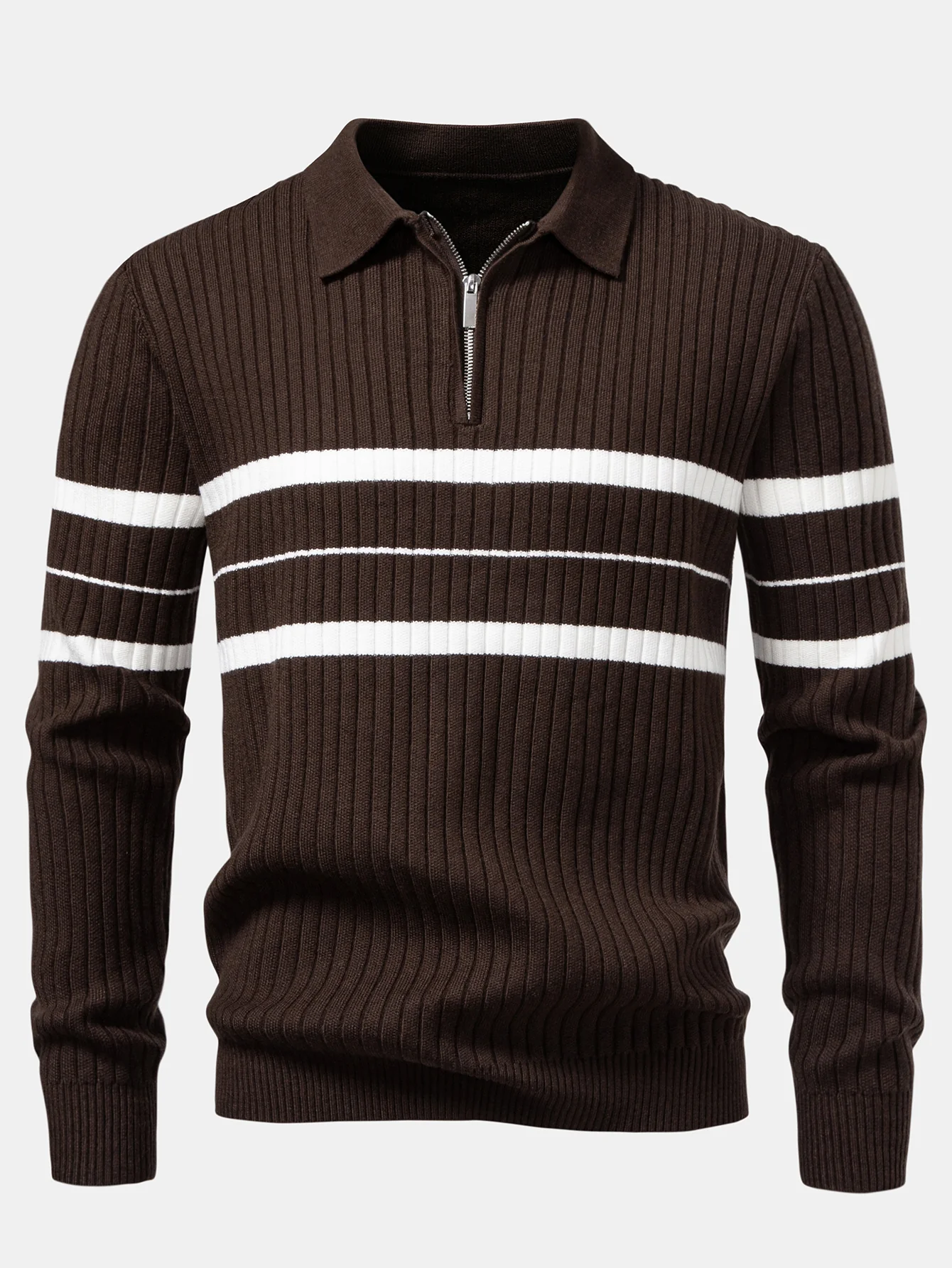 Gestreiftes Zip-Strick-Ripp-Poloshirt - Image 7