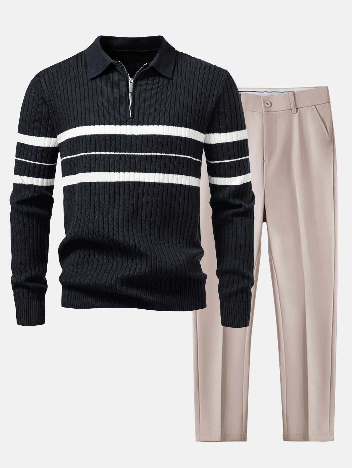 Gestreiftes Zip-Strick-Ripp-Poloshirt & Schlanke, Verjüngte Hose - Image 2