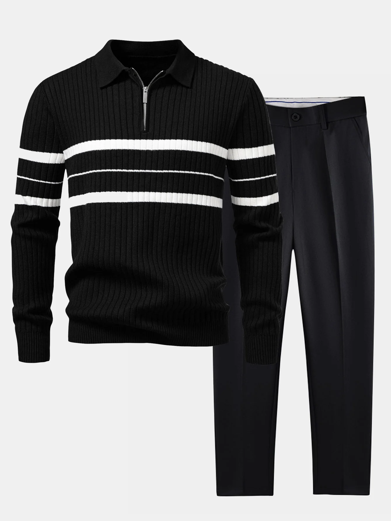 Gestreiftes Zip-Strick-Ripp-Poloshirt & Schlanke, Verjüngte Hose - Image 3