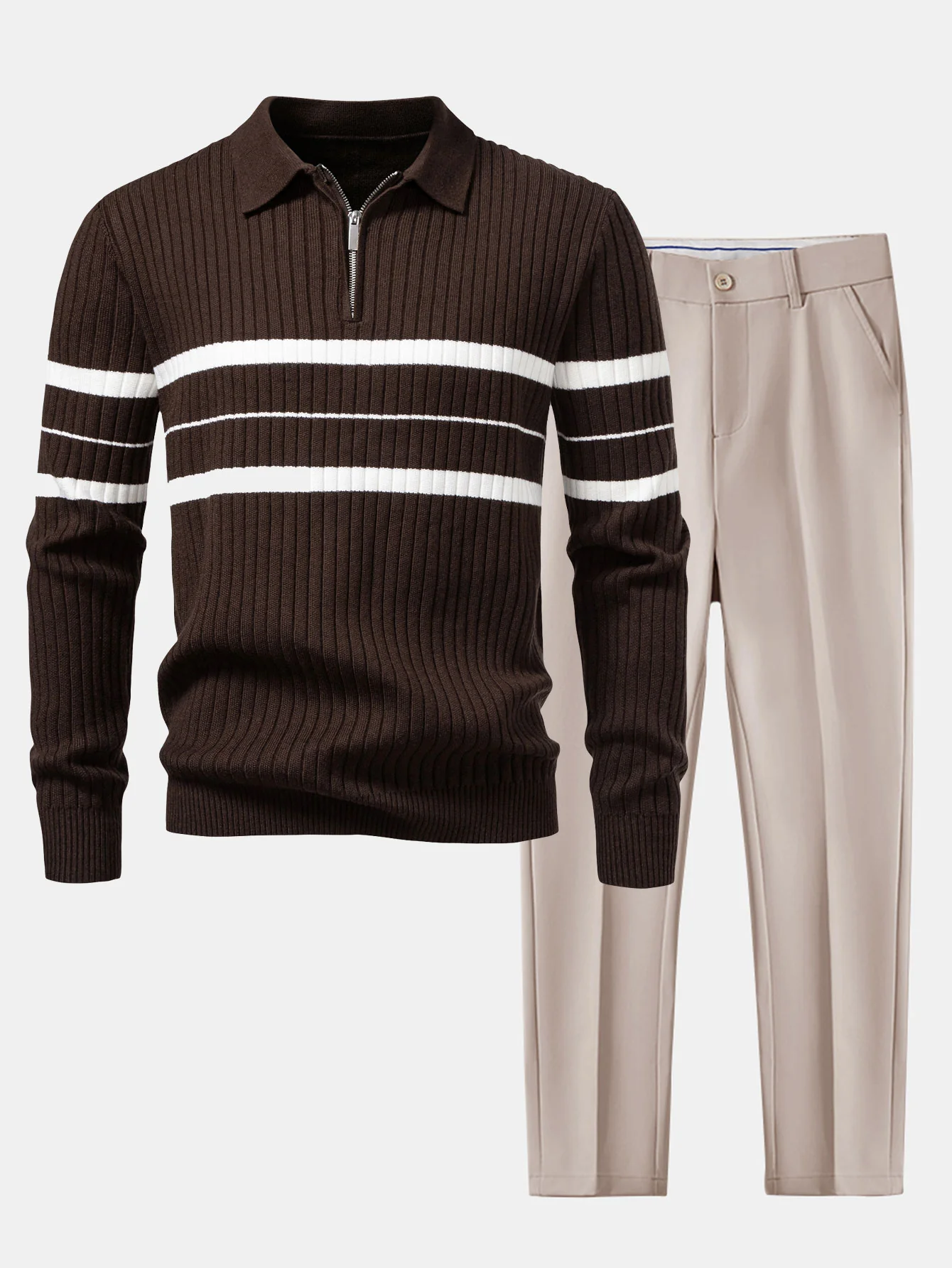 Gestreiftes Zip-Strick-Ripp-Poloshirt & Schlanke, Verjüngte Hose - Image 4