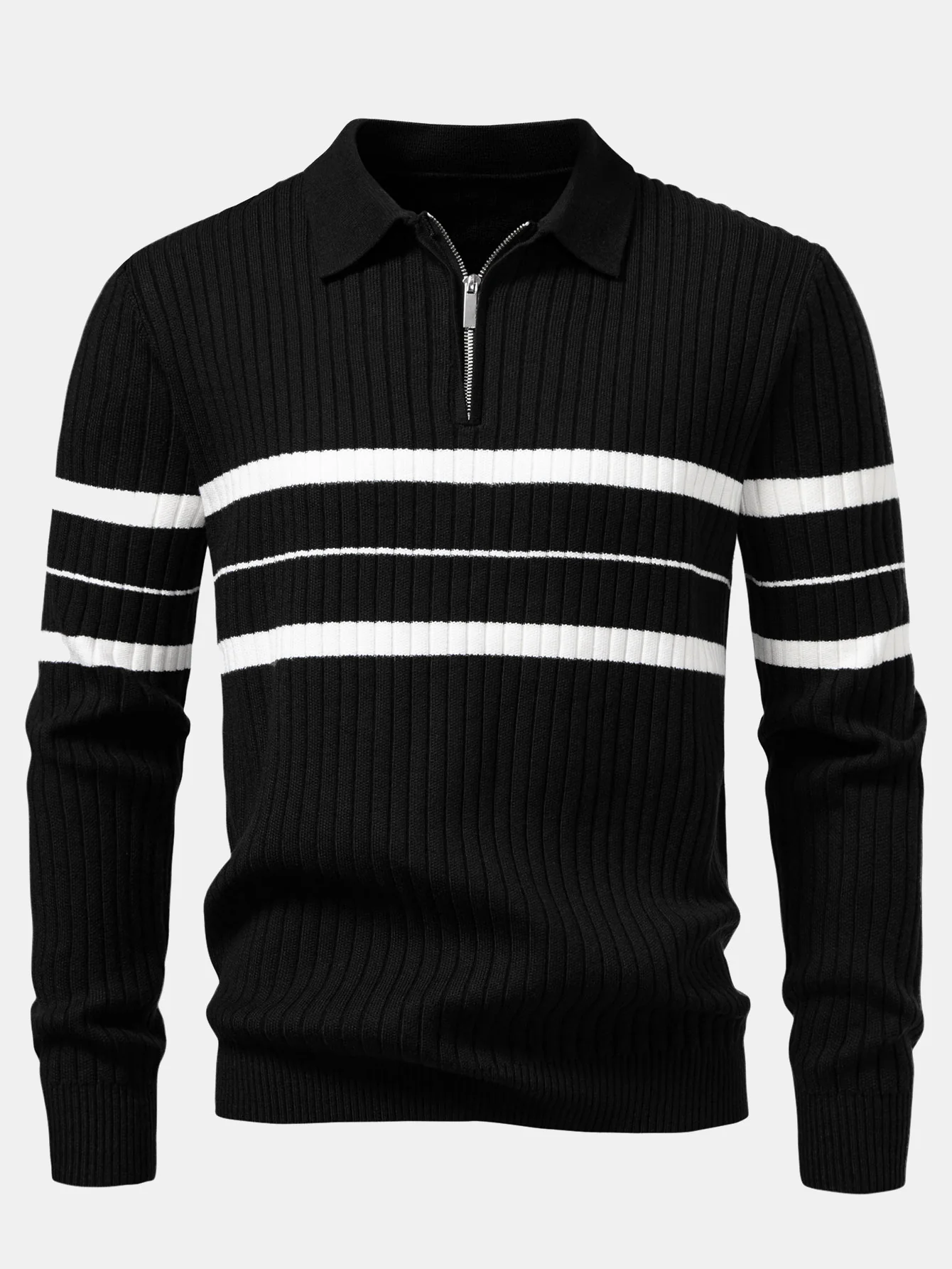Gestreiftes Zip-Strick-Ripp-Poloshirt - Image 3