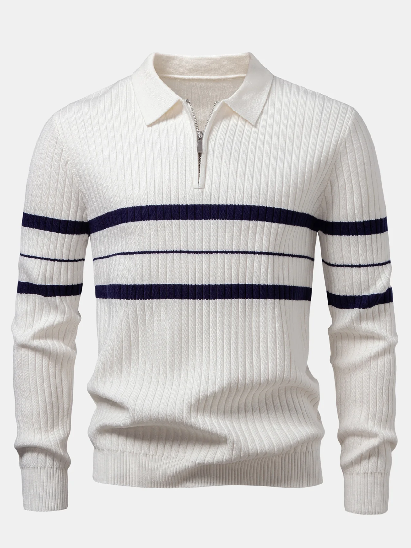 Gestreiftes Zip-Strick-Ripp-Poloshirt - Image 5