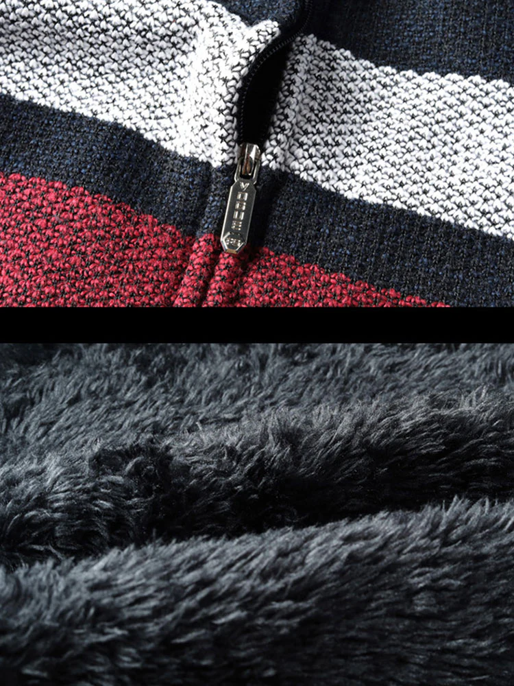 Gestreifter Baseballkragen Teddy gefütterter Reißverschluss-Pullover - Image 13