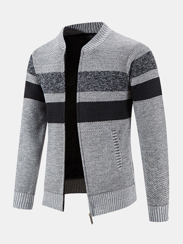 Gestreifter Baseballkragen Teddy gefütterter Reißverschluss-Pullover - Image 2