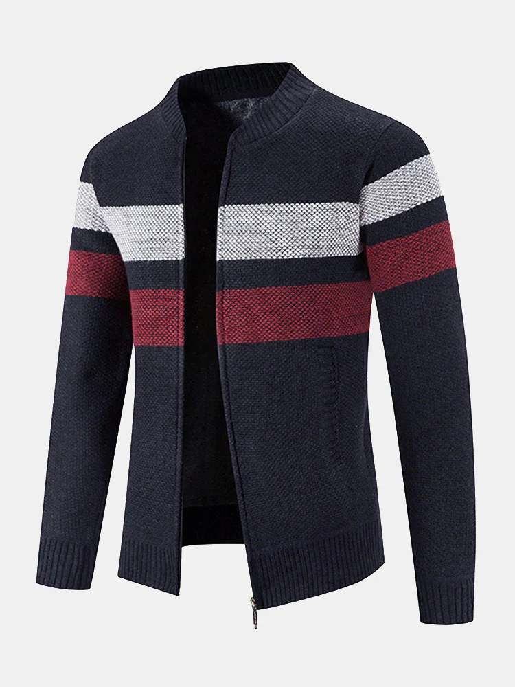 Gestreifter Baseballkragen Teddy gefütterter Reißverschluss-Pullover - Image 3