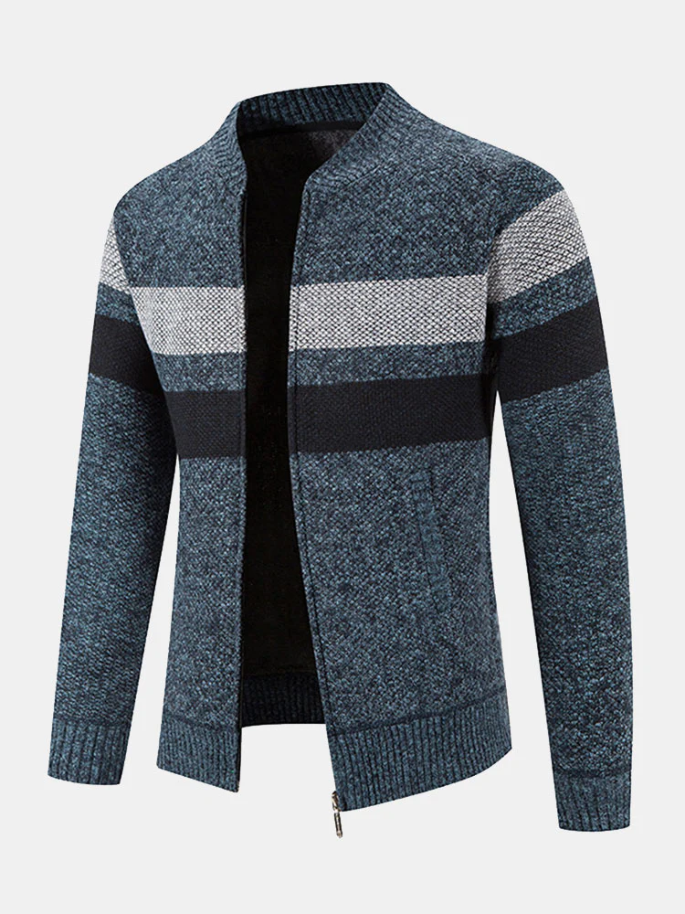 Gestreifter Baseballkragen Teddy gefütterter Reißverschluss-Pullover - Image 4