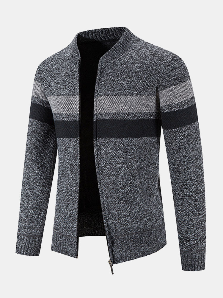Gestreifter Baseballkragen Teddy gefütterter Reißverschluss-Pullover - Image 5