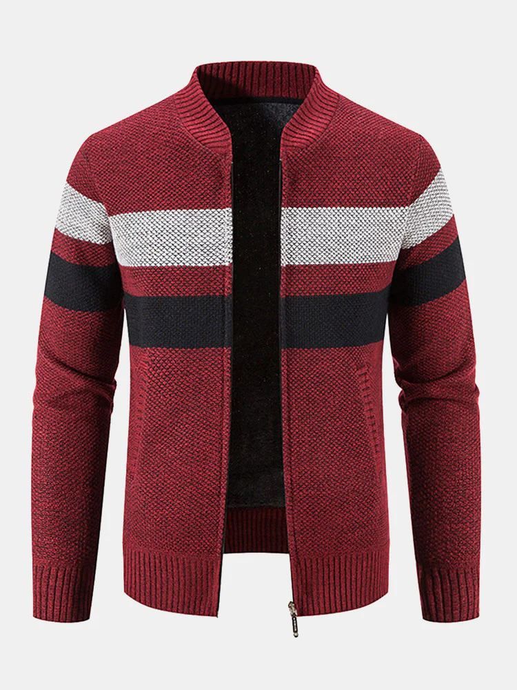 Gestreifter Baseballkragen Teddy gefütterter Reißverschluss-Pullover - Image 6