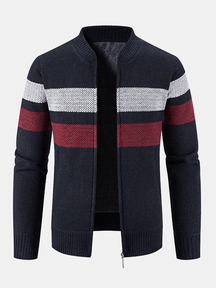 Gestreifter Baseballkragen Teddy gefütterter Reißverschluss-Pullover - Image 8