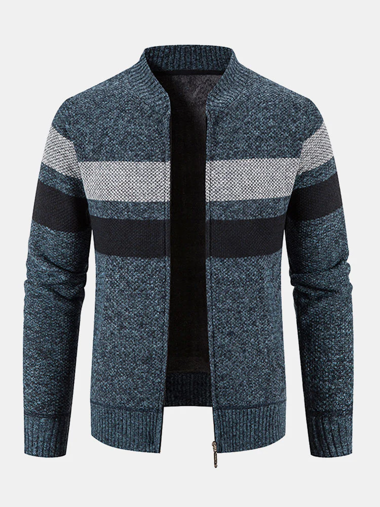 Gestreifter Baseballkragen Teddy gefütterter Reißverschluss-Pullover - Image 9