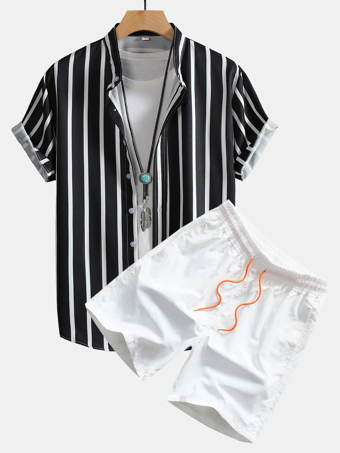 Gestreifte Button-Down Stehkragenbluse & Herren Mid-Length Drawstring Badeshorts - Image 2
