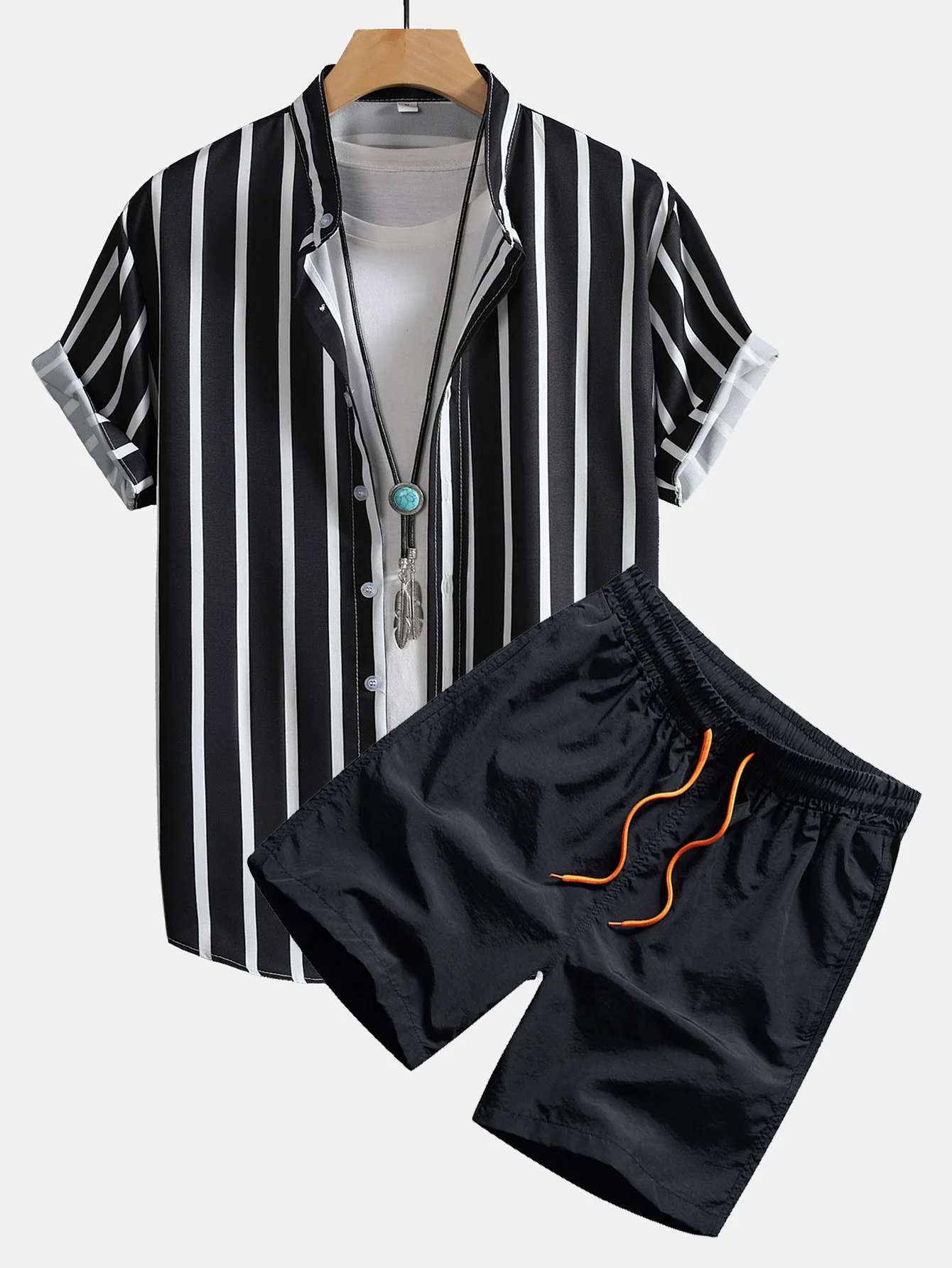 Gestreifte Button-Down Stehkragenbluse & Herren Mid-Length Drawstring Badeshorts - Image 3