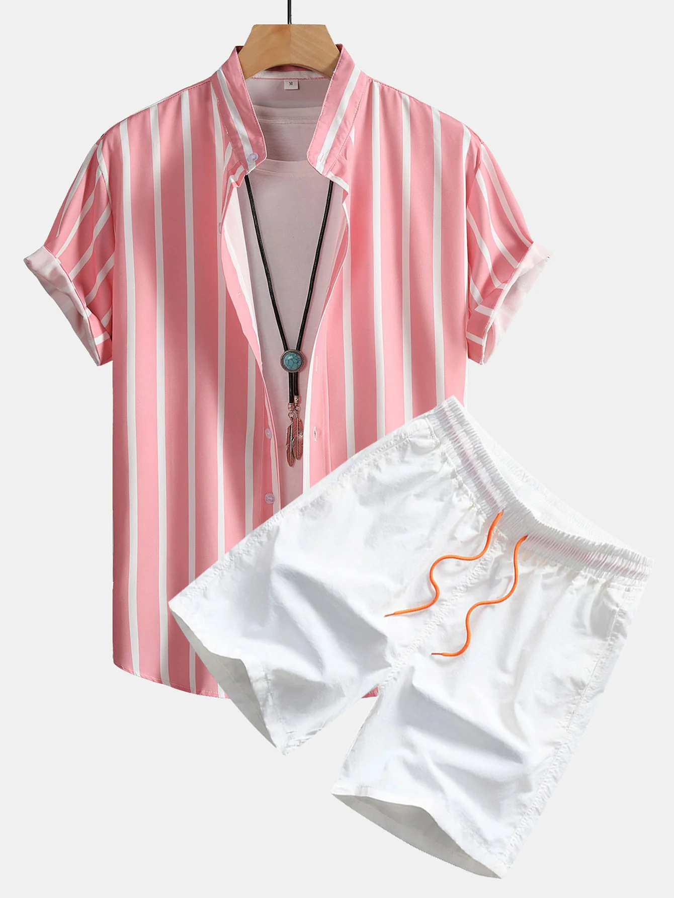 Gestreifte Button-Down Stehkragenbluse & Herren Mid-Length Drawstring Badeshorts - Image 4