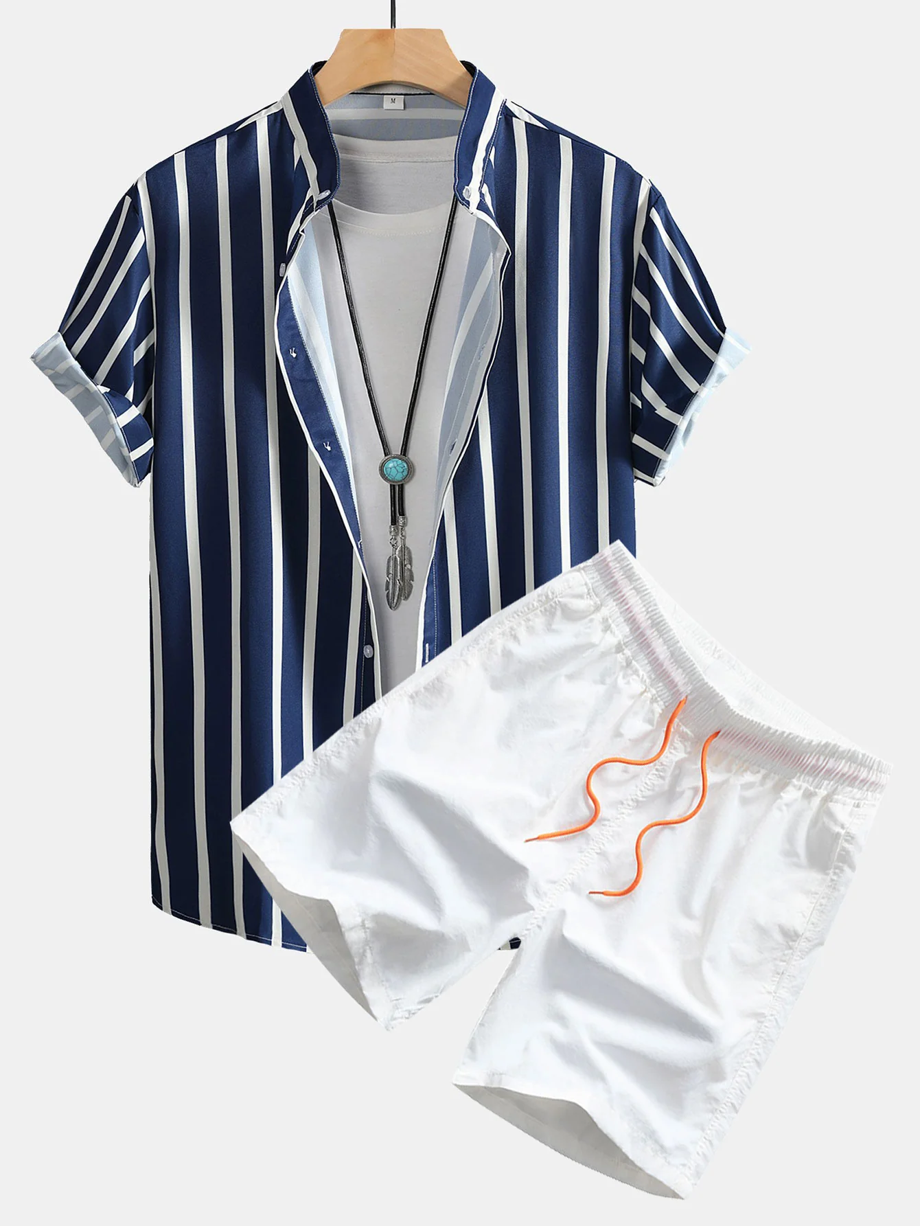 Gestreifte Button-Down Stehkragenbluse & Herren Mid-Length Drawstring Badeshorts - Image 5