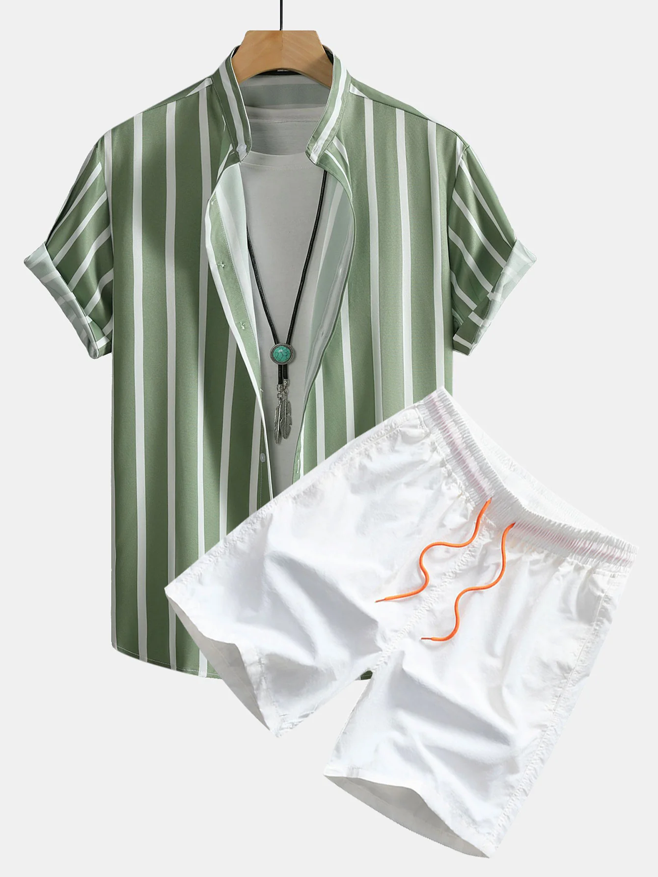 Gestreifte Button-Down Stehkragenbluse & Herren Mid-Length Drawstring Badeshorts - Image 6
