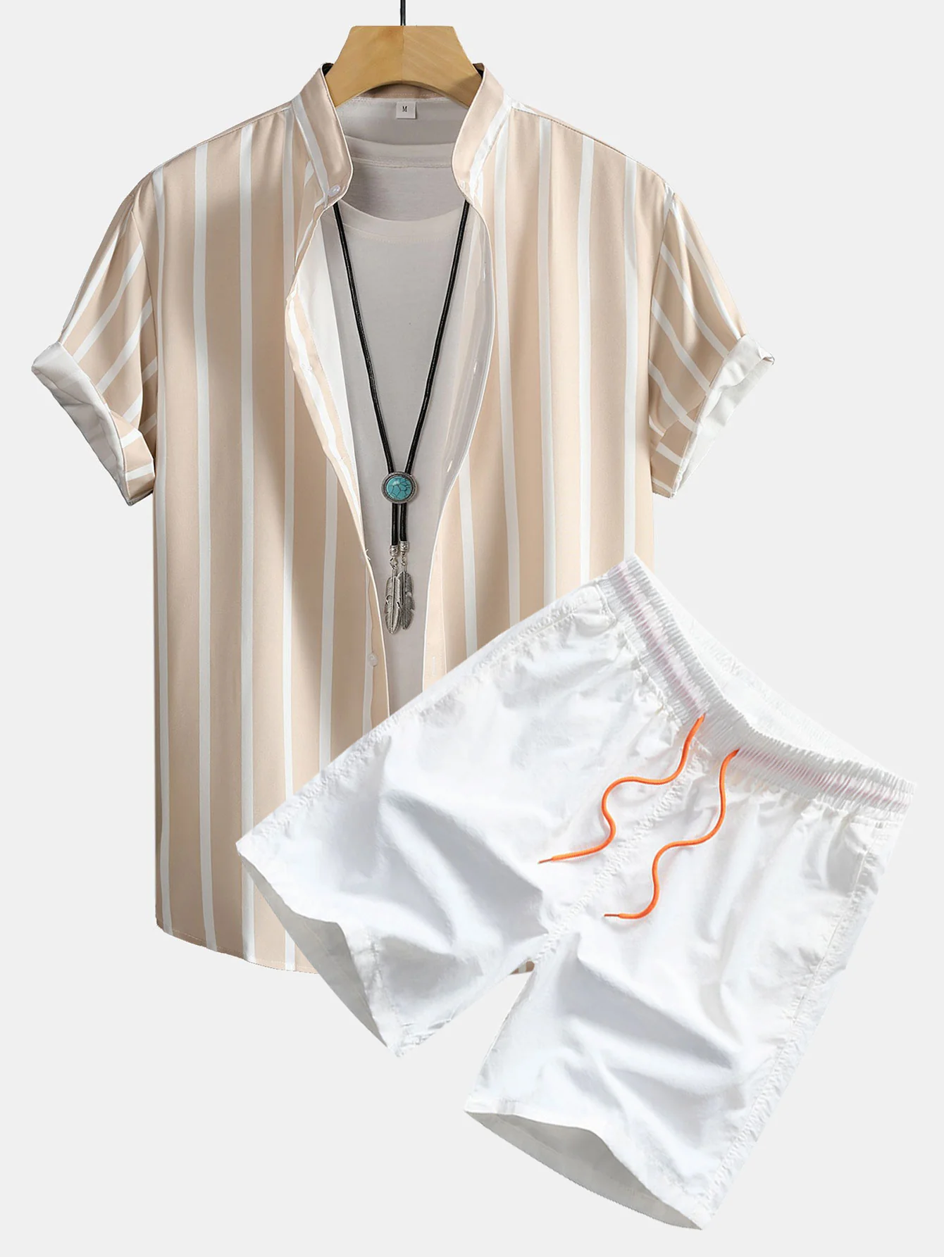 Gestreifte Button-Down Stehkragenbluse & Herren Mid-Length Drawstring Badeshorts - Image 7