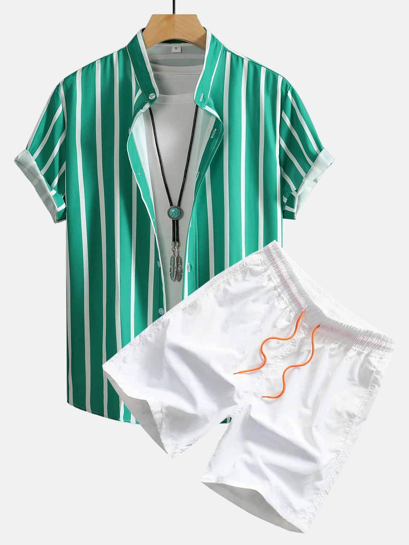 Gestreifte Button-Down Stehkragenbluse & Herren Mid-Length Drawstring Badeshorts - Image 8