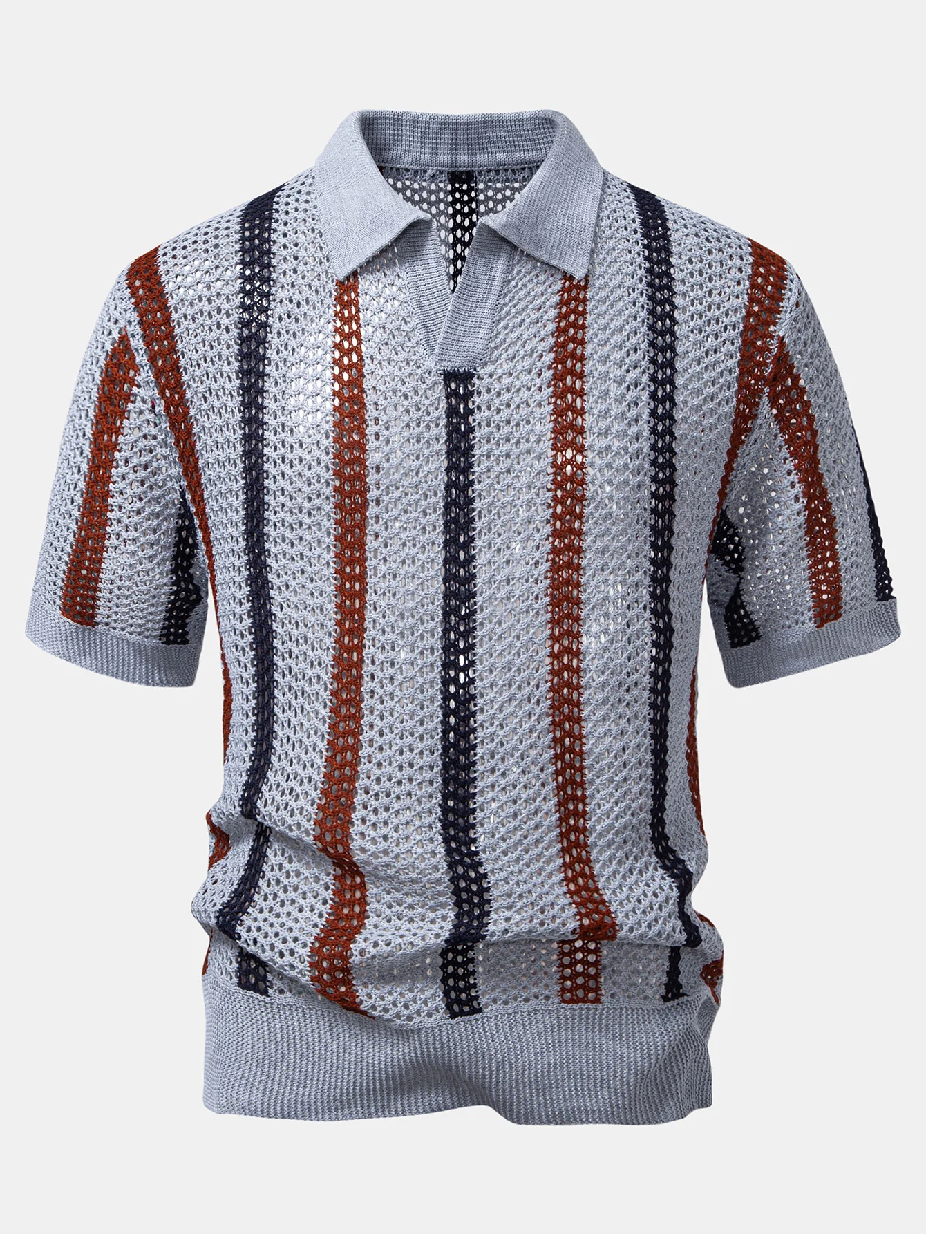 Gestreiftes Häkel-V-Ausschnitt Poloshirts & Leinenhose mit geradem Bein - Image 12
