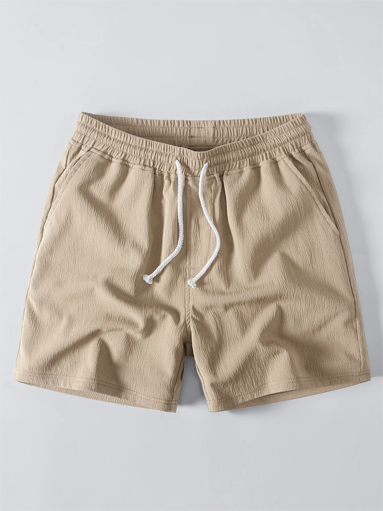 Geometric Striped Jacquard Button Up Shirt & Crinkle Textured Drawstring 5" Shorts - Image 8