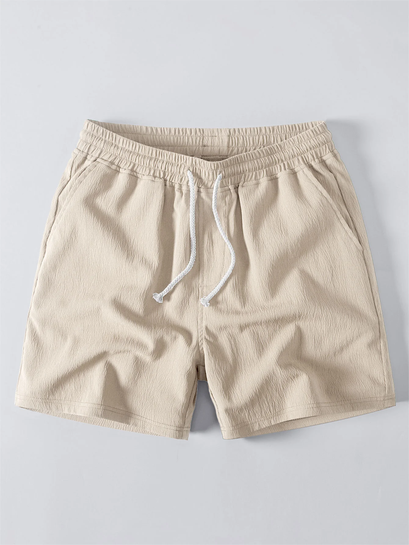 Linen Rayon Blend Button Up Shirt & Crinkle Textured Drawstring 5" Shorts - Image 17