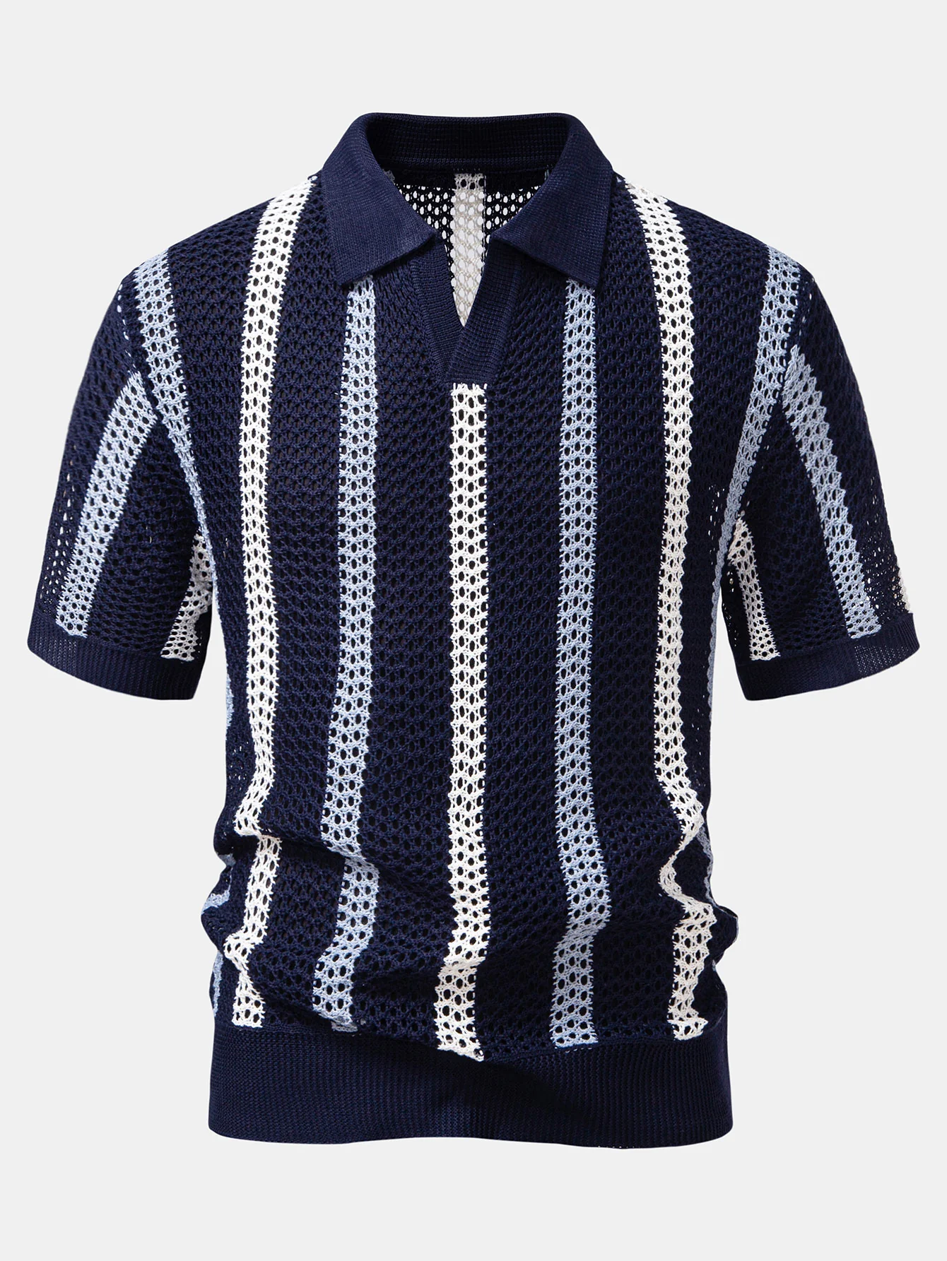 Gestreiftes Häkel-V-Ausschnitt Poloshirts & Leinenhose mit geradem Bein - Image 8