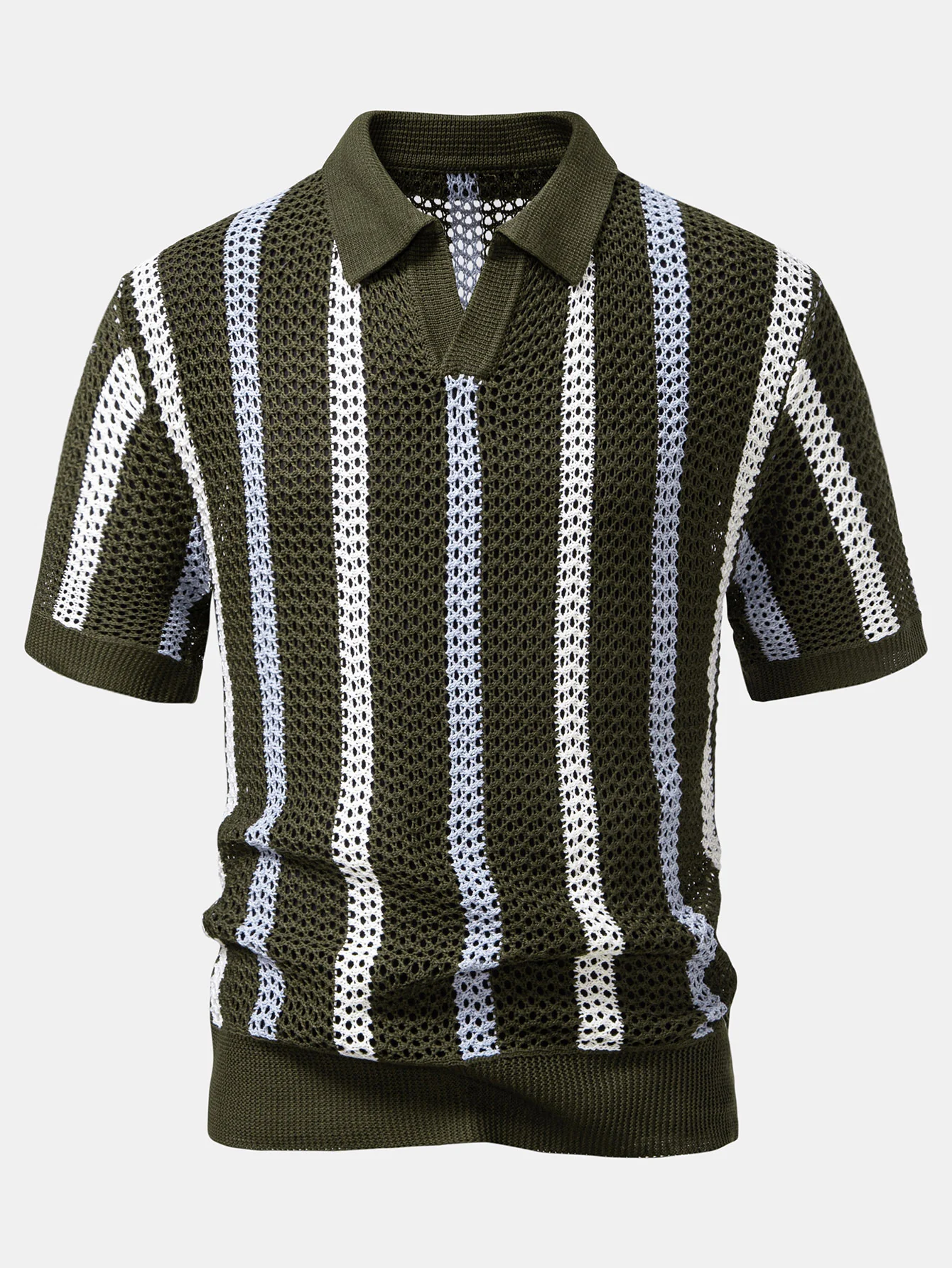 Gestreiftes Häkel-V-Ausschnitt Poloshirts & Leinenhose mit geradem Bein - Image 10