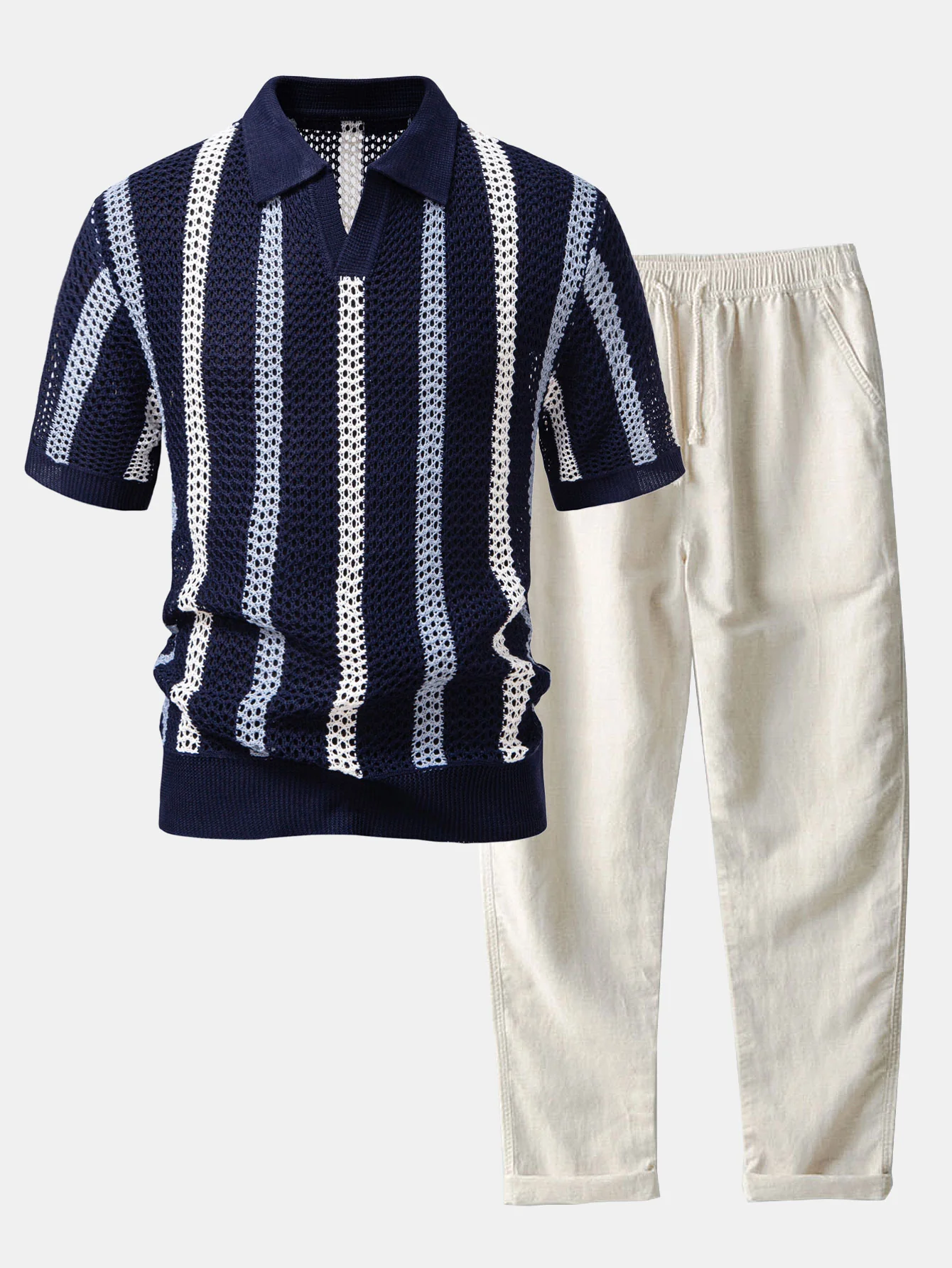 Gestreiftes Häkel-V-Ausschnitt Poloshirts & Leinenhose mit geradem Bein - Image 3
