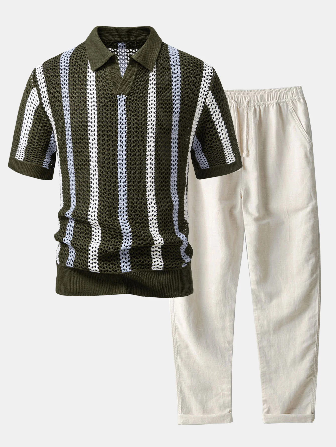 Gestreiftes Häkel-V-Ausschnitt Poloshirts & Leinenhose mit geradem Bein - Image 4