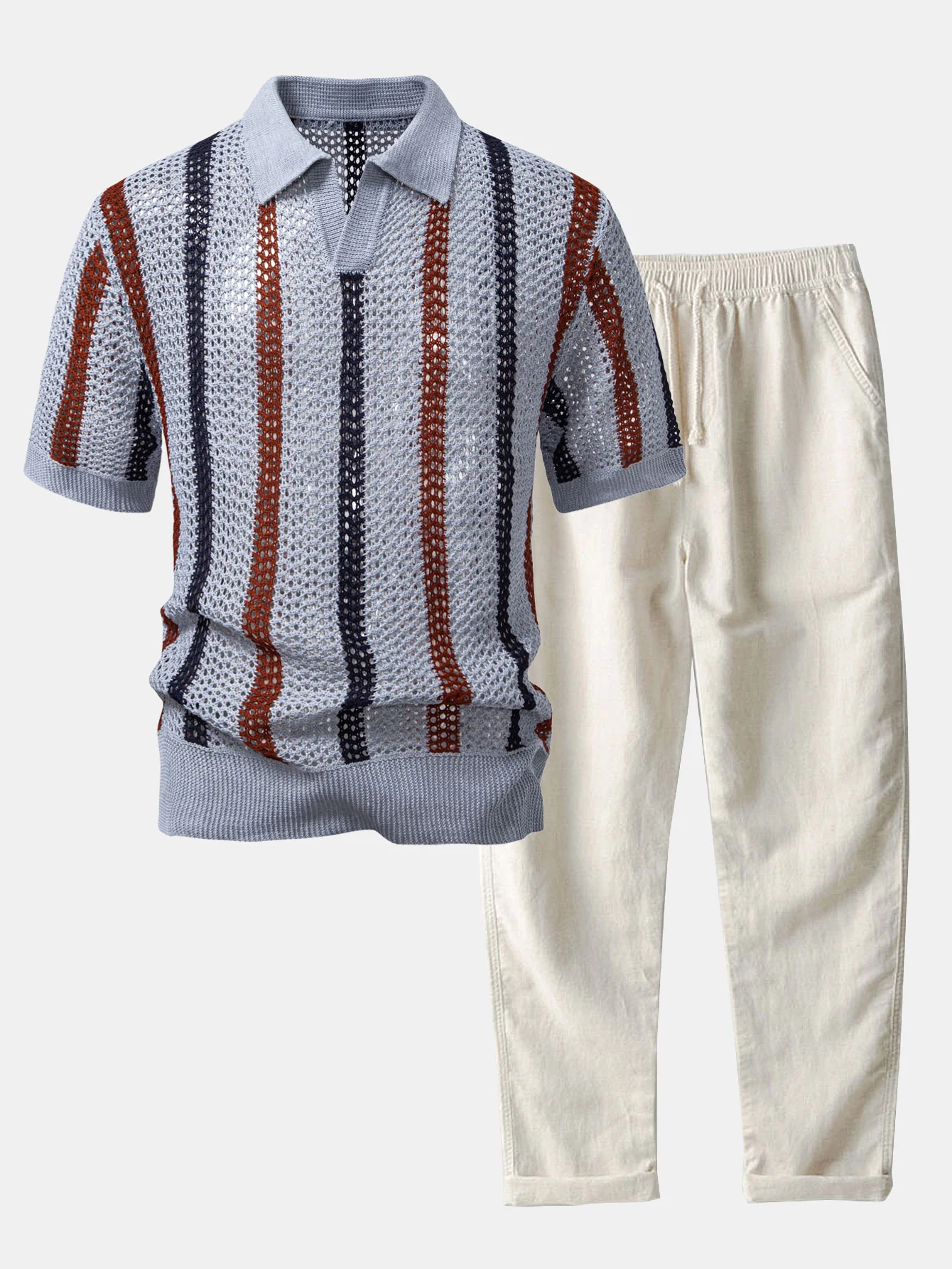 Gestreiftes Häkel-V-Ausschnitt Poloshirts & Leinenhose mit geradem Bein - Image 5