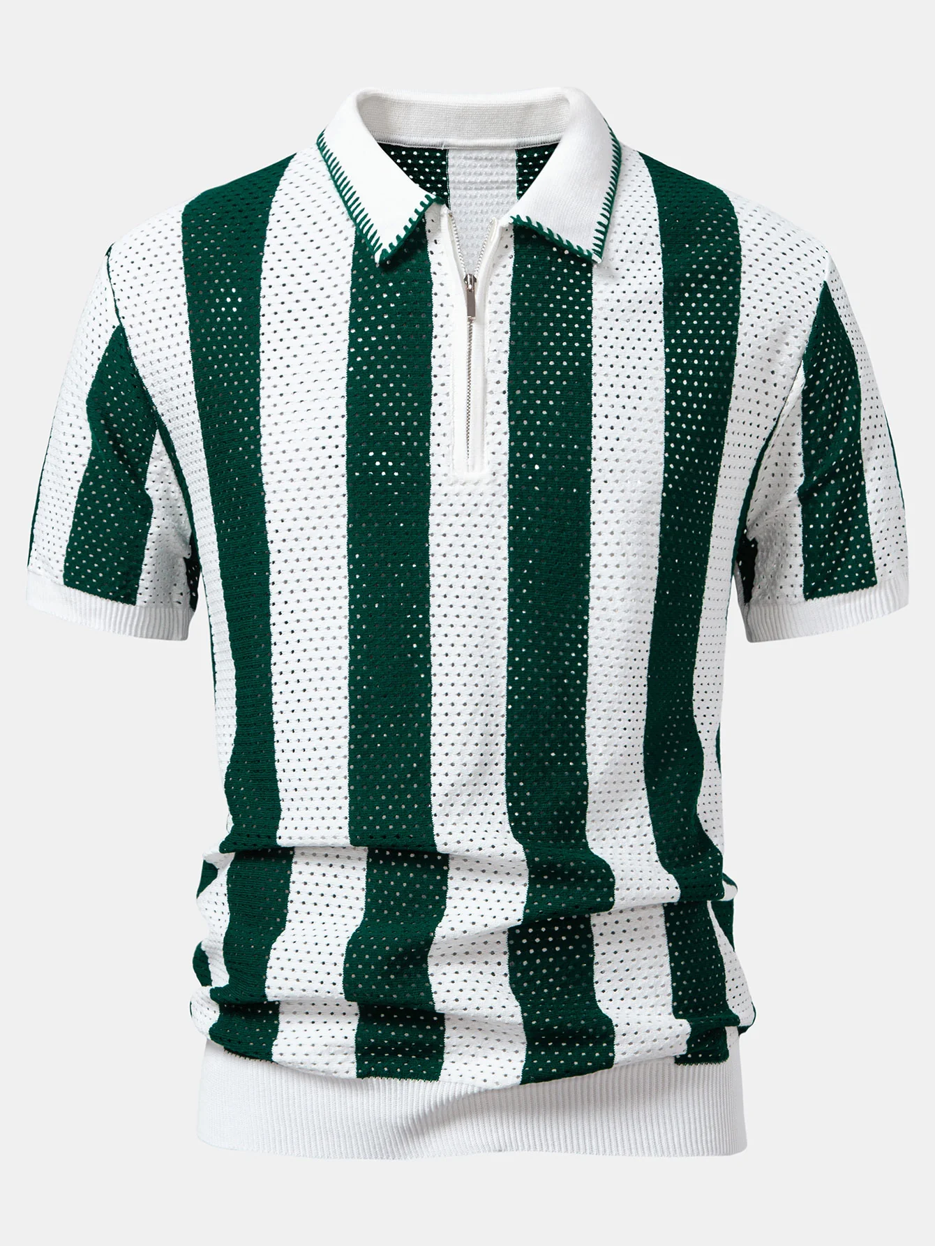 Gestreiftes Eyelet-Strick-Zip-Up Poloshirts-Shirt & Leinenhose mit geradem Bein - Image 10
