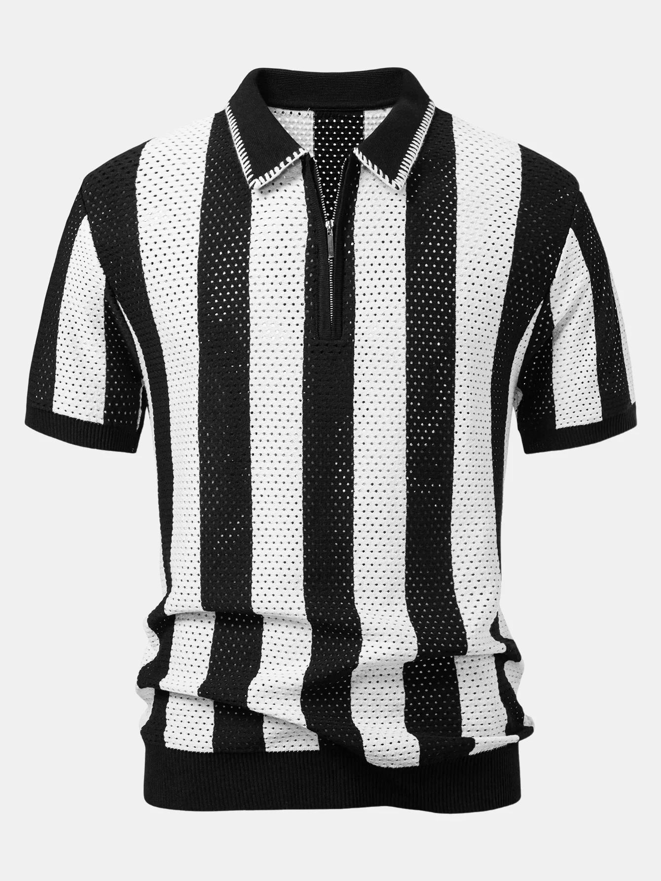Gestreiftes Eyelet-Strick-Zip-Up Poloshirts-Shirt & Leinenhose mit geradem Bein - Image 12