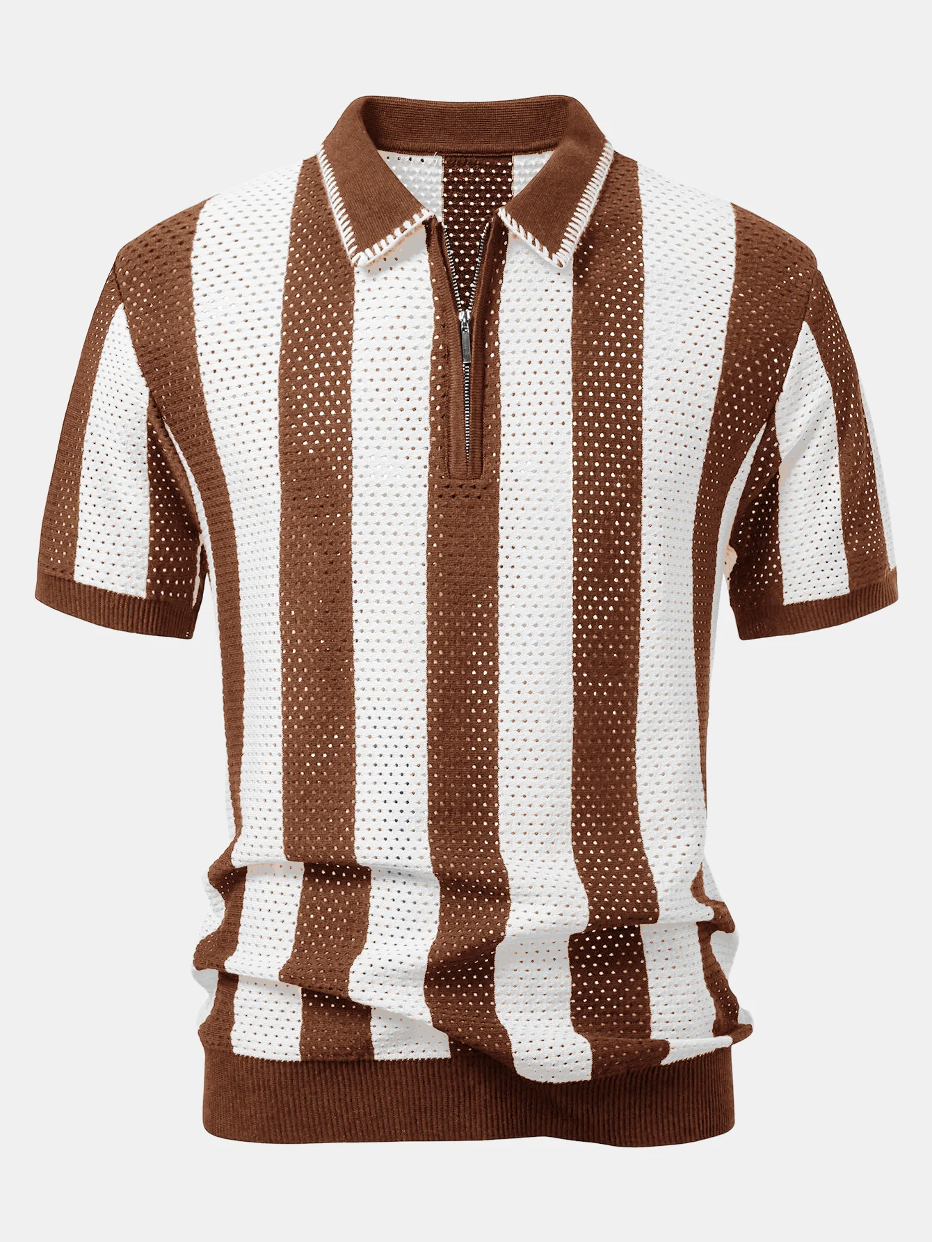 Gestreiftes Eyelet-Strick-Zip-Up Poloshirts-Shirt & Leinenhose mit geradem Bein - Image 14