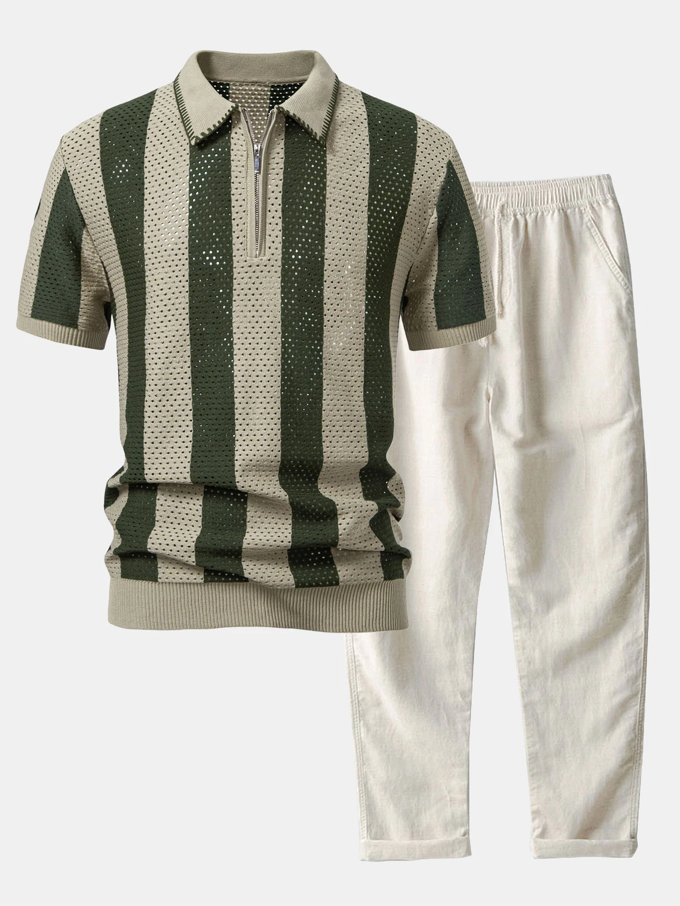 Gestreiftes Eyelet-Strick-Zip-Up Poloshirts-Shirt & Leinenhose mit geradem Bein - Image 2