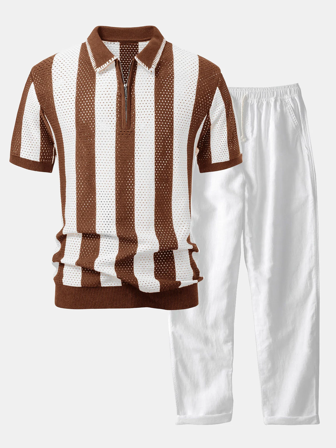 Gestreiftes Eyelet-Strick-Zip-Up Poloshirts-Shirt & Leinenhose mit geradem Bein - Image 3